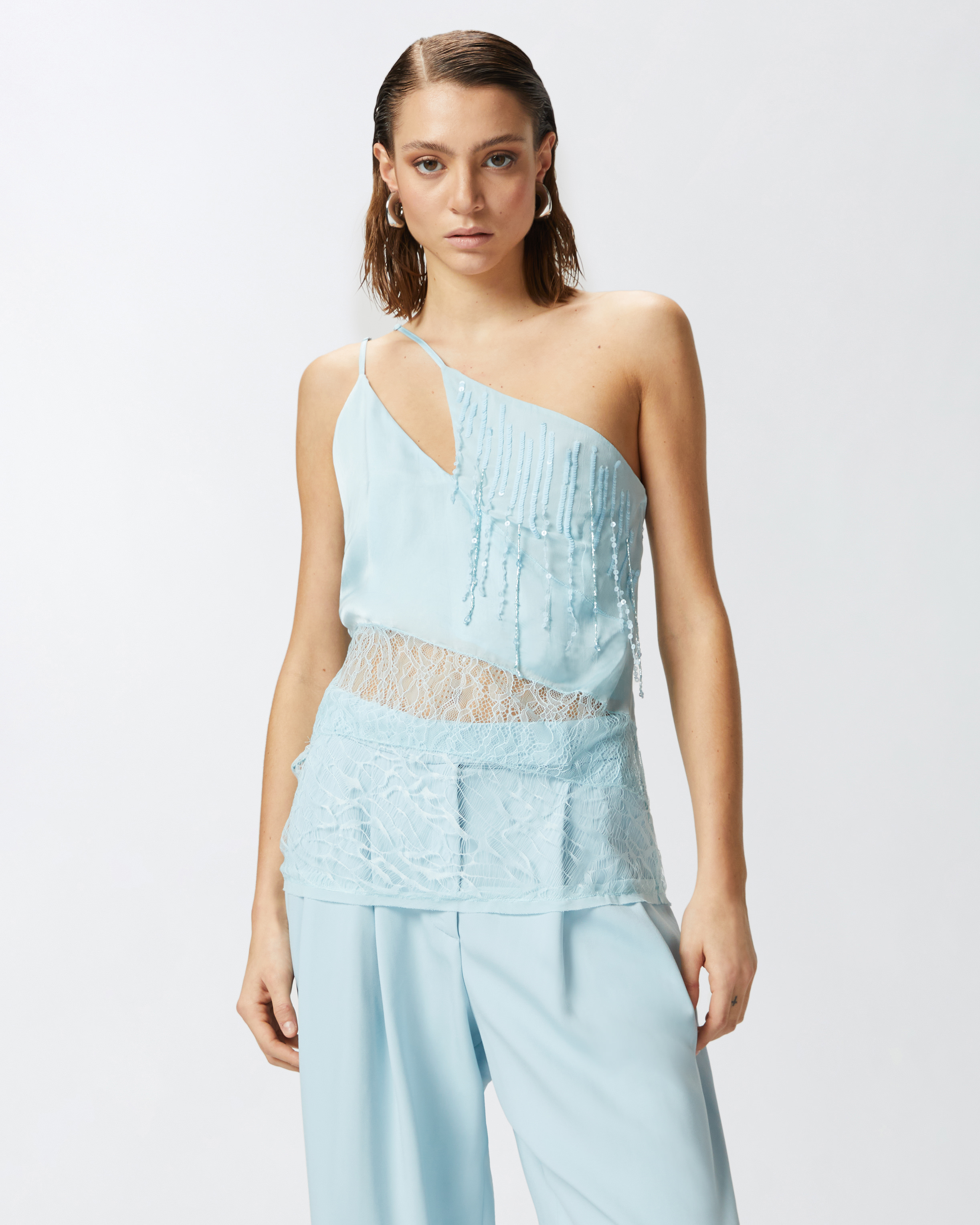 Pinko One-shoulder Satin Top With Lace And Sequins In Blu Cristallo