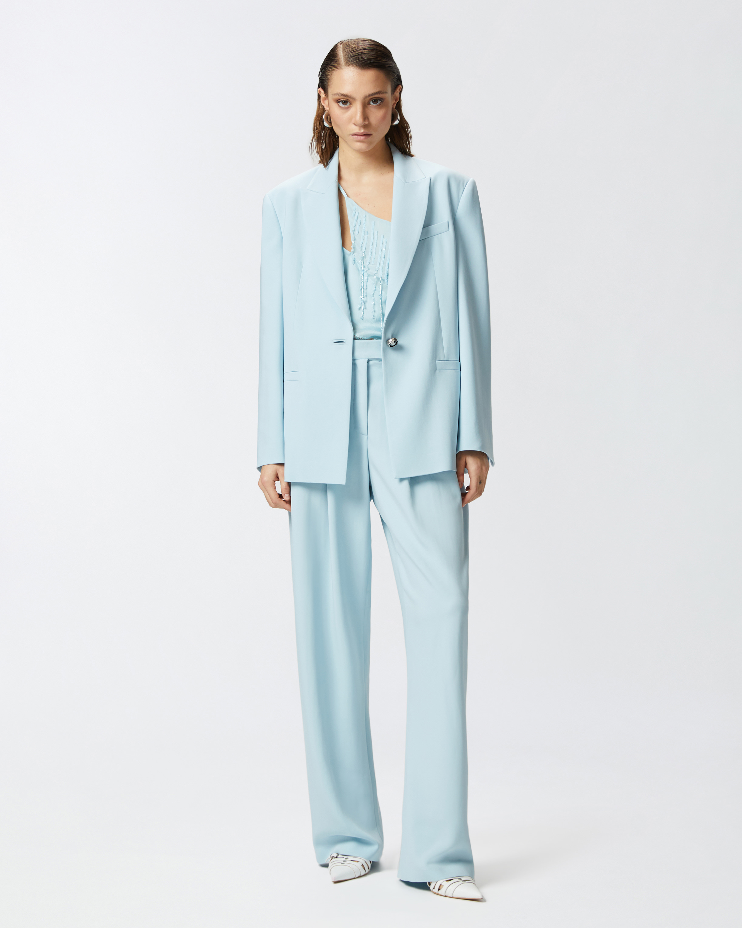 Pinko One-shoulder Satin Top With Lace And Sequins In Blu Cristallo