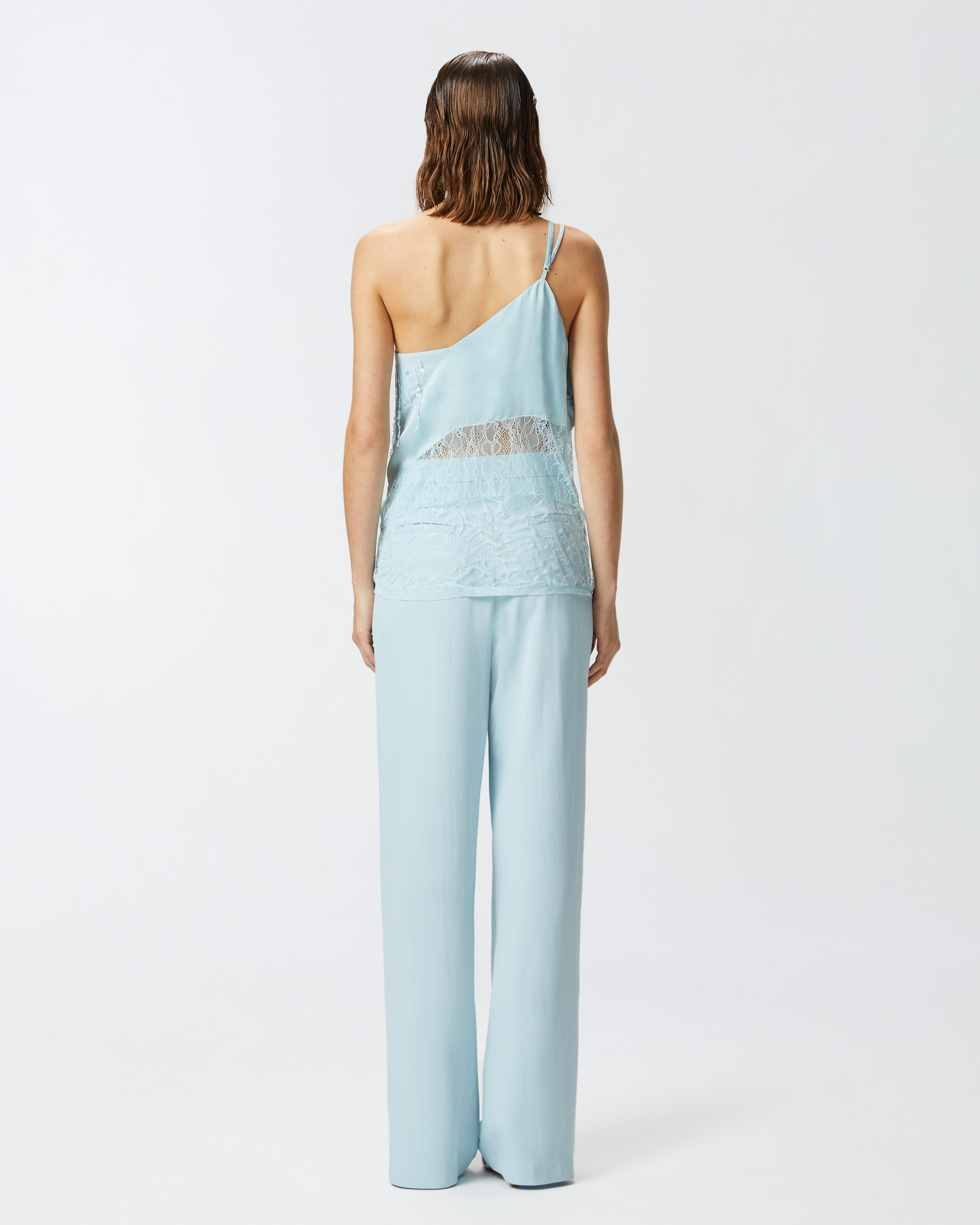 Pinko One-shoulder Satin Top With Lace And Sequins In Blu Cristallo