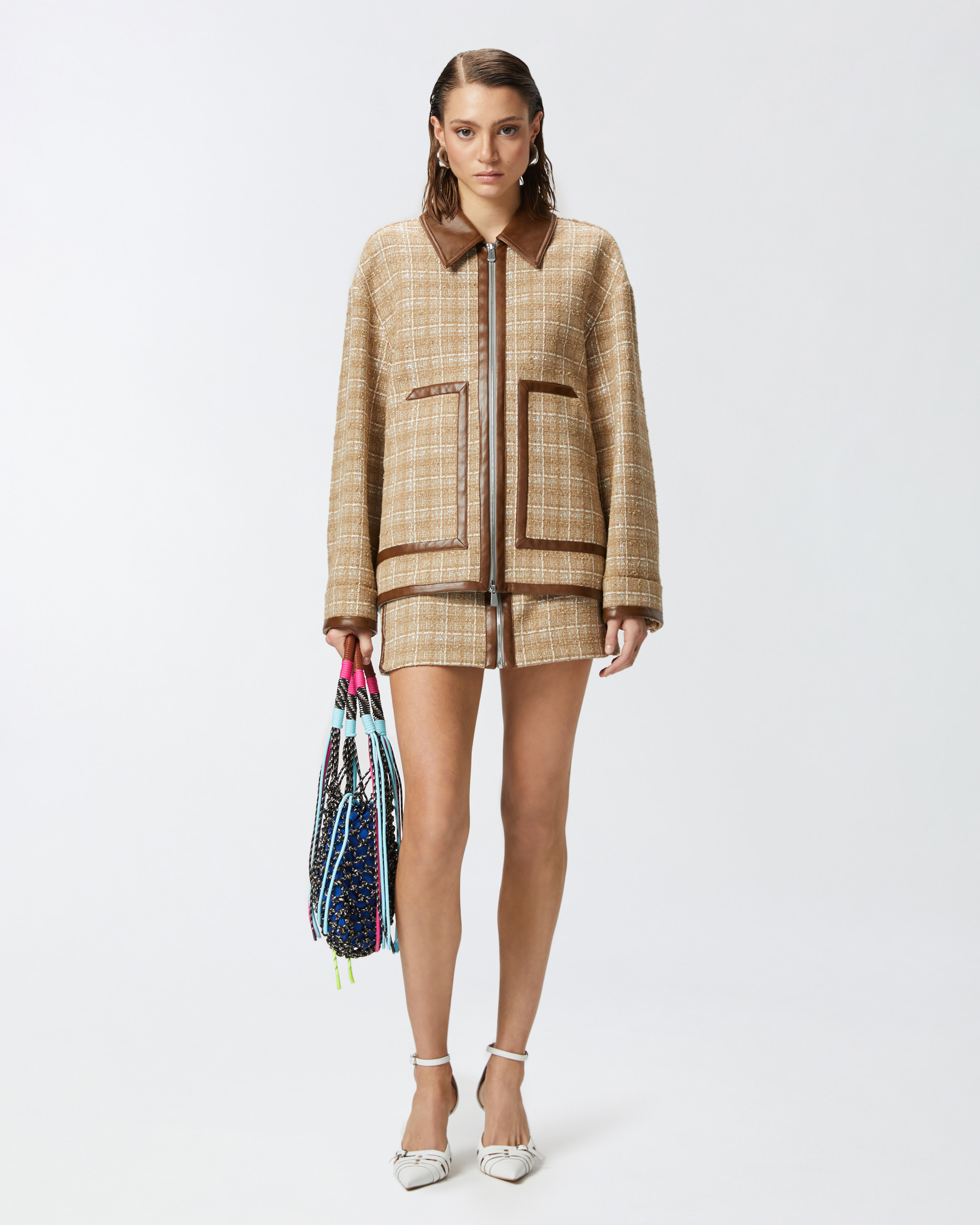 Pinko Tweed Miniskirt With Leatherette Profiles And Zip In Beige/grey/silver
