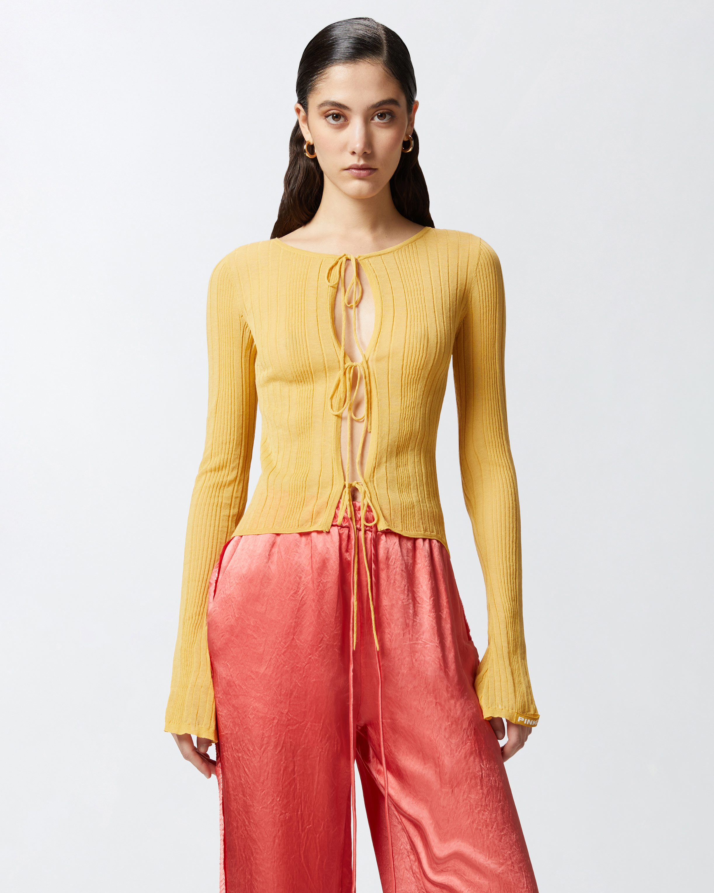 Pinko Open Ribbed Sweater With Front Ties In Rattan Yellow