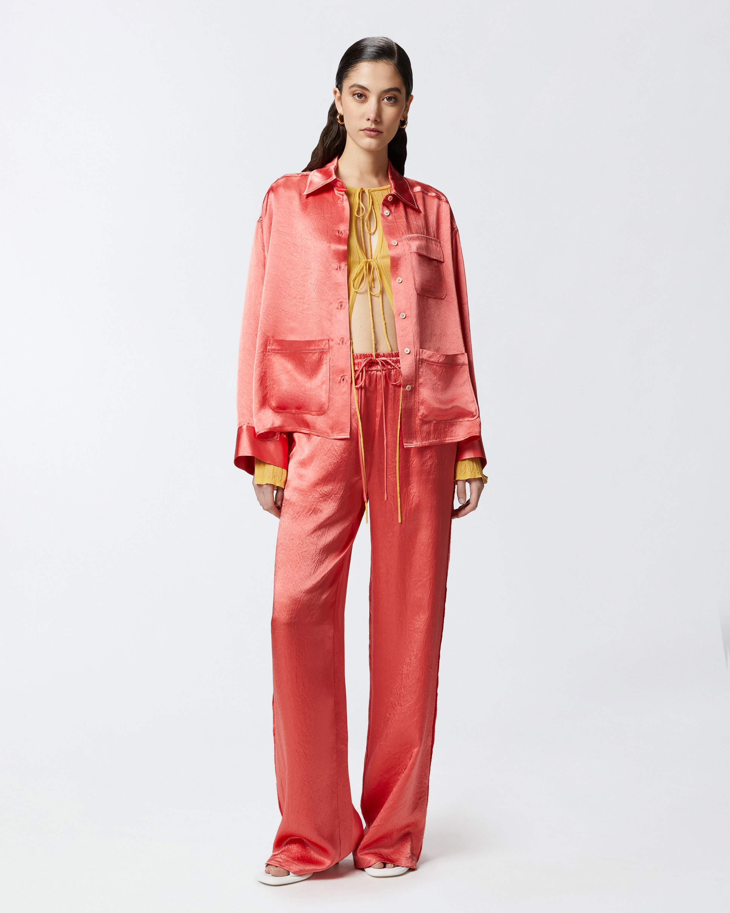 Pinko Open Ribbed Sweater With Front Ties In Rattan Yellow