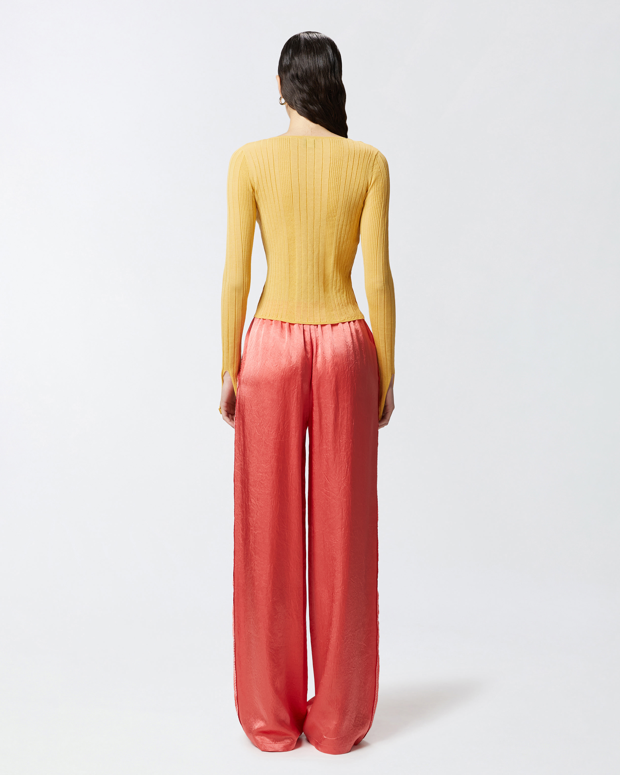 Pinko Open Ribbed Sweater With Front Ties In Rattan Yellow