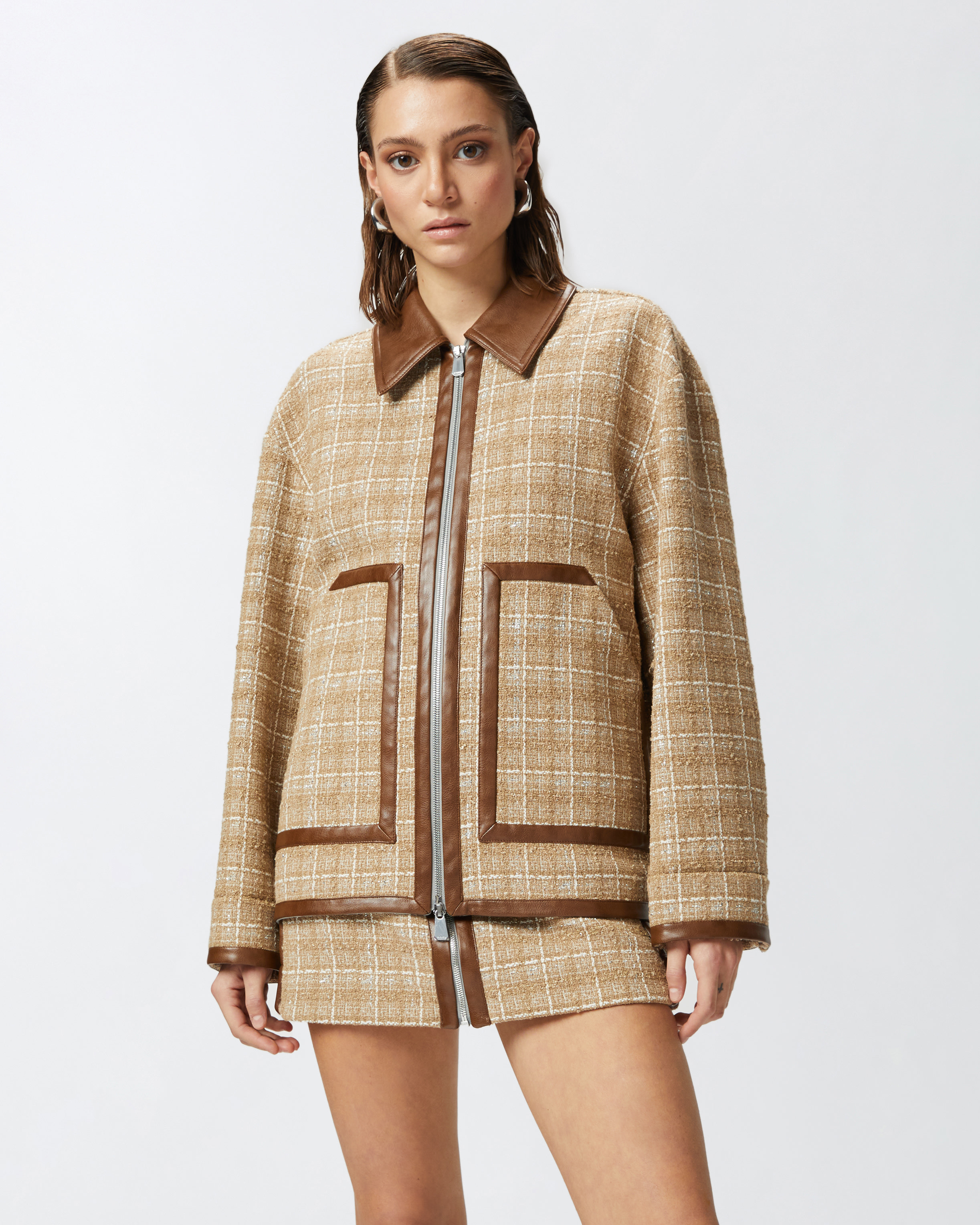 Tweed blouson jacket with faux leather details and zip PINKO