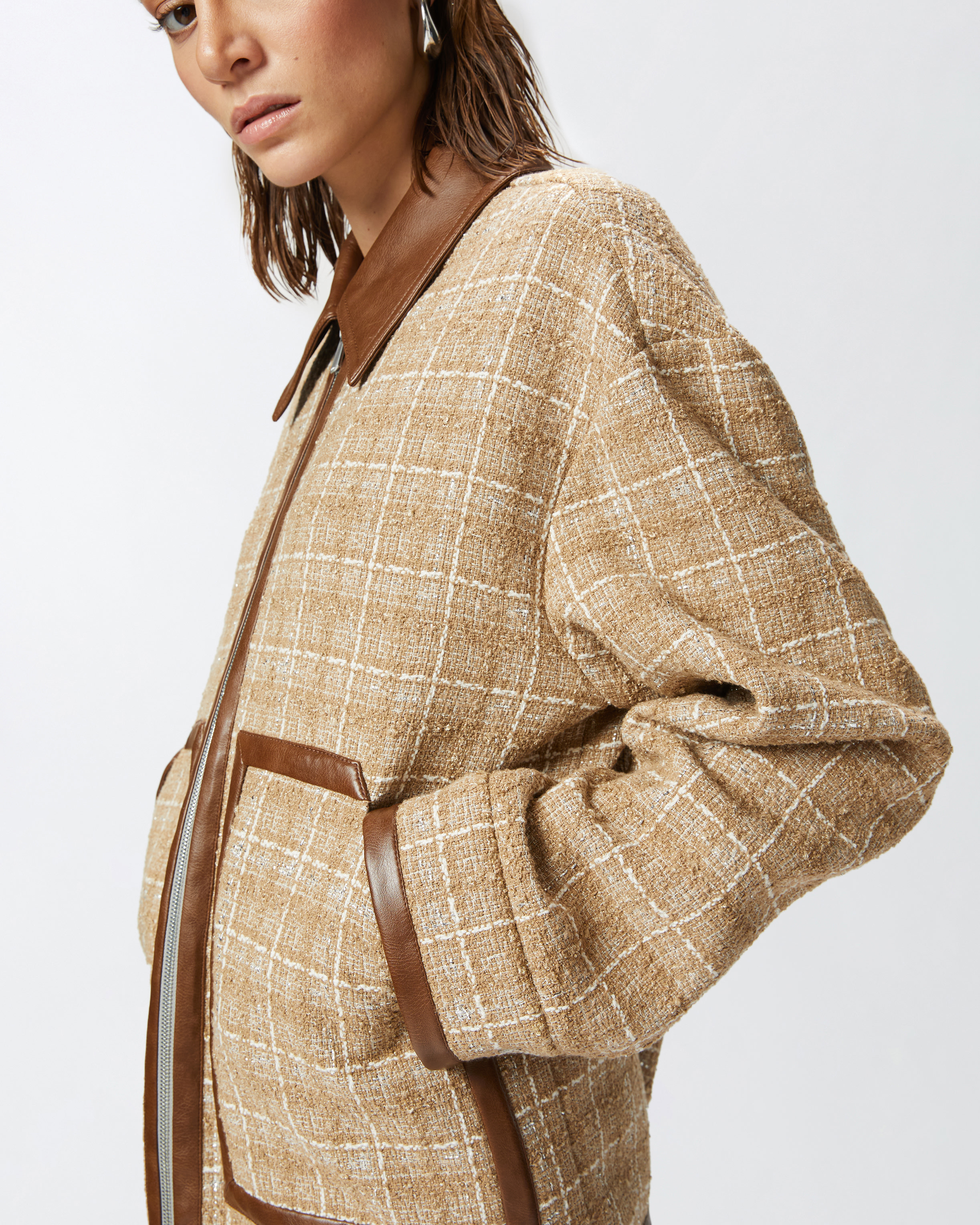ジャケット PINKO Women Jackets 105012 A2I1M22 Brown Tweed blouson jacket with faux leather details and zip PINKO