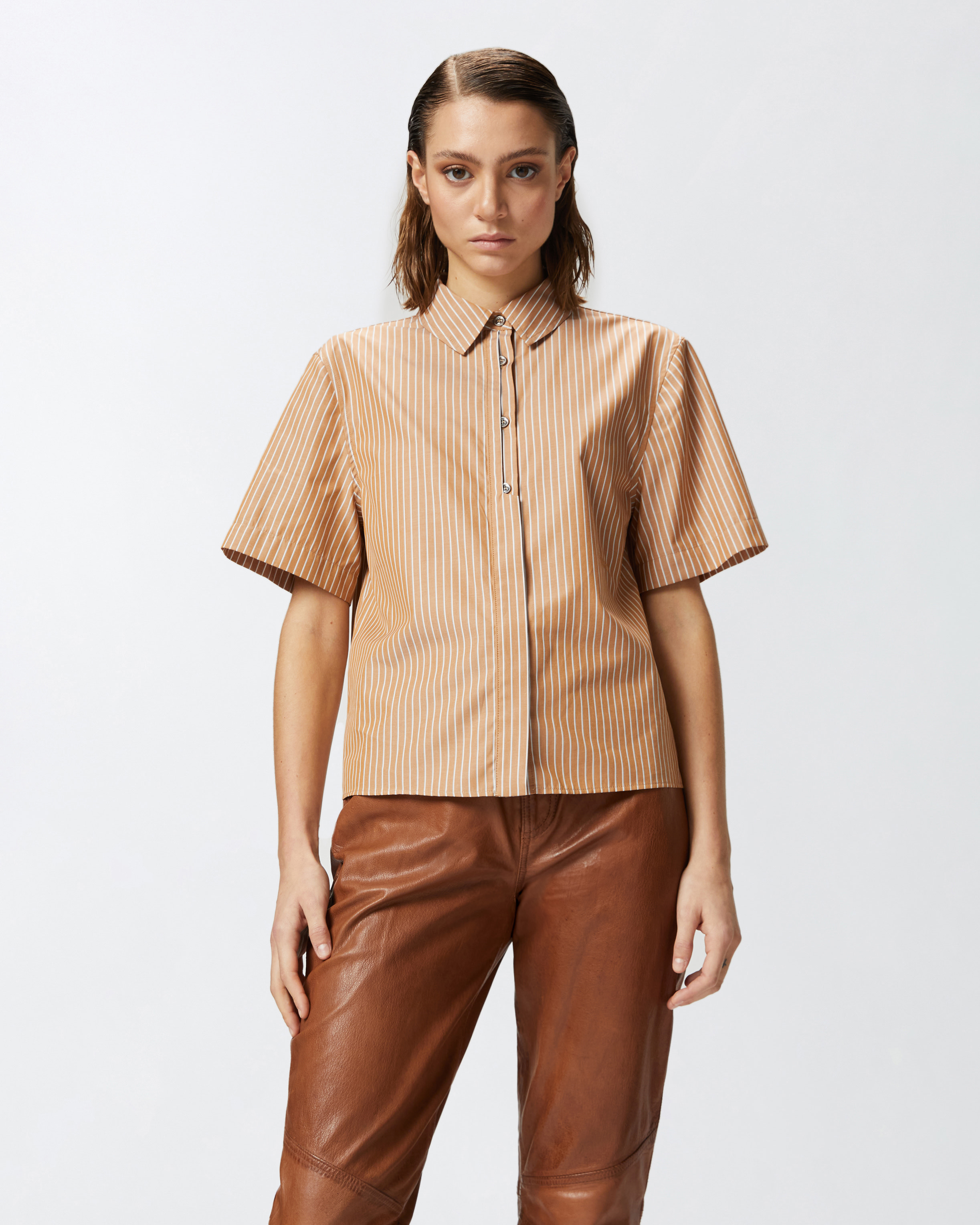 Pinko Brown Striped Shirt With Rounded Hem In Nude