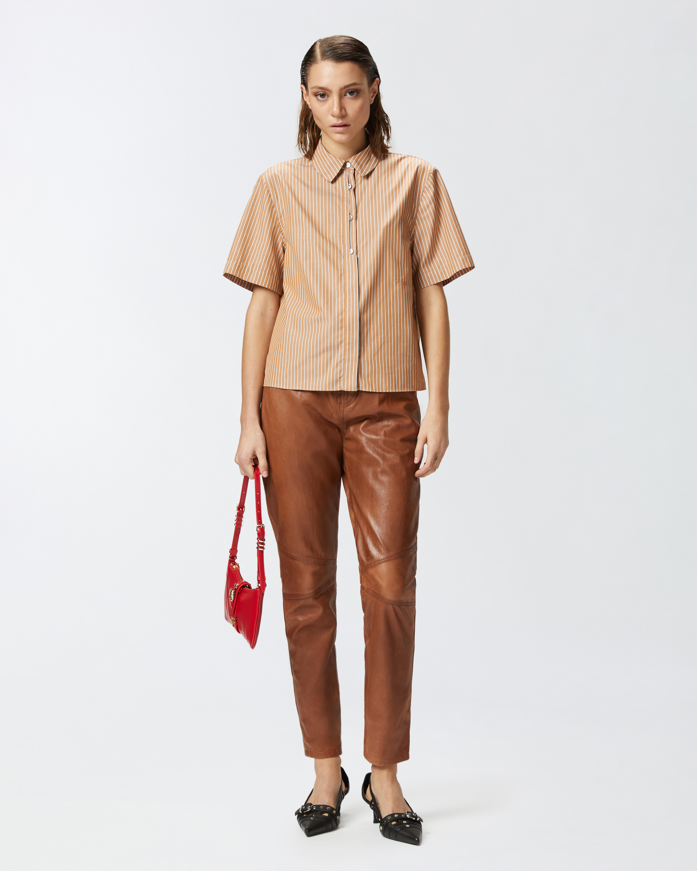 Pinko Brown Striped Shirt With Rounded Hem In Nude