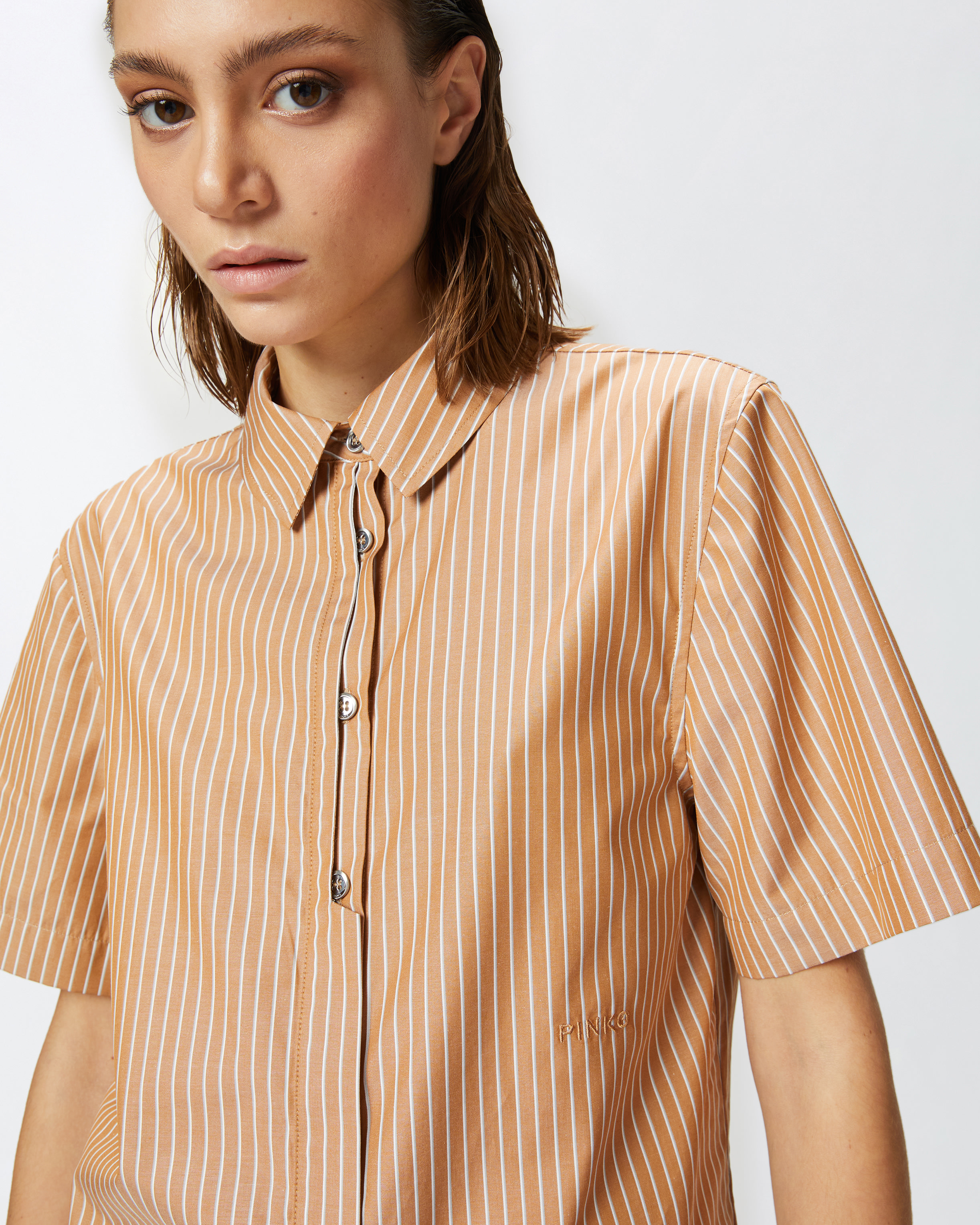 Pinko Brown Striped Shirt With Rounded Hem In Nude