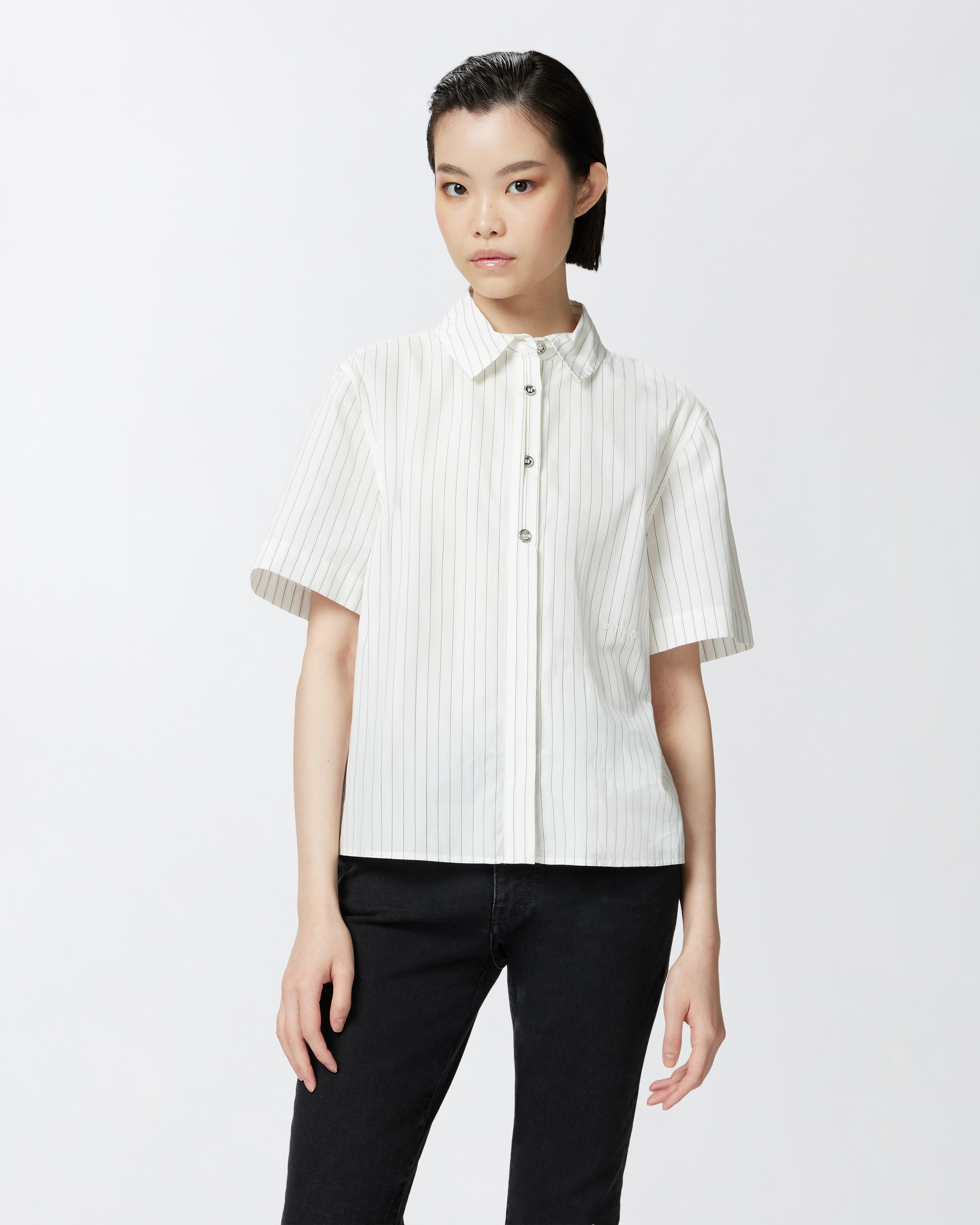 PINKO Cotton Raul top ピンコ ノースリーブクロップトップ Vertical-striped cotton bowling shirt PINKO → Shop Online
