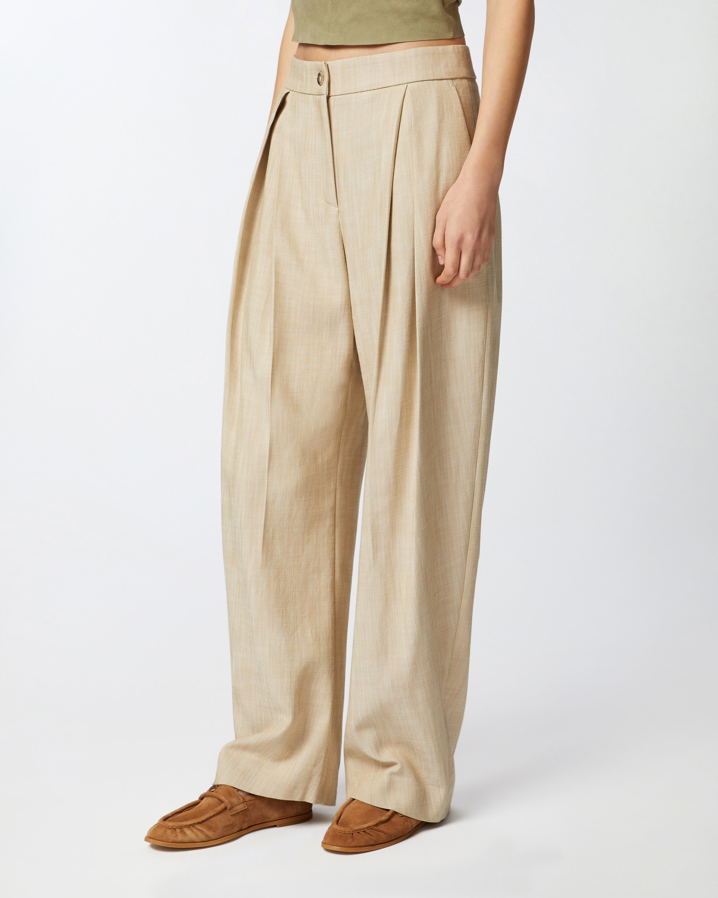 Pinko Wide Trousers With Canvas Pleats In Searing Sand-beige