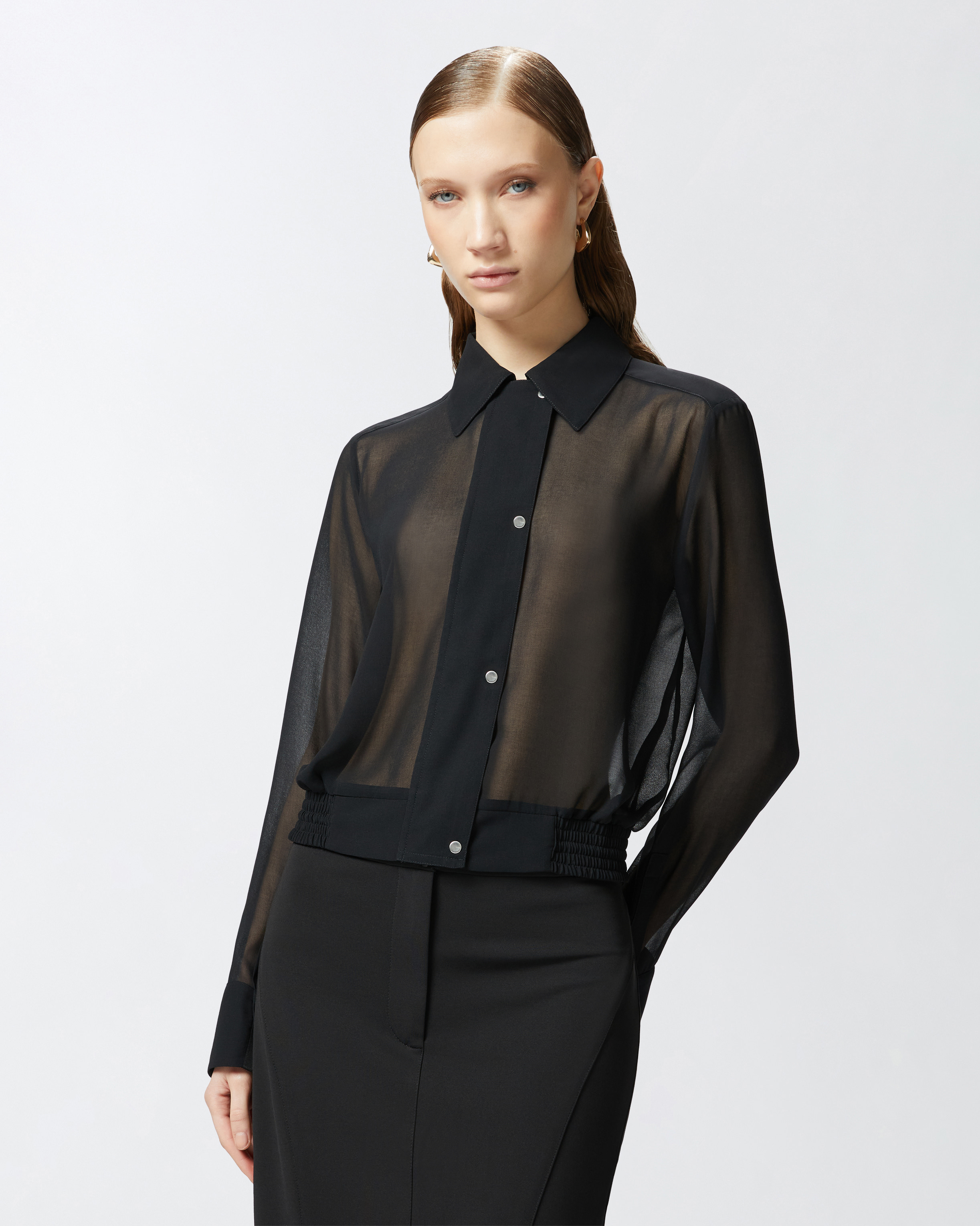 Pinko Georgette Bomber Shirt With Elasticated Drawstring Hem In Limo Black