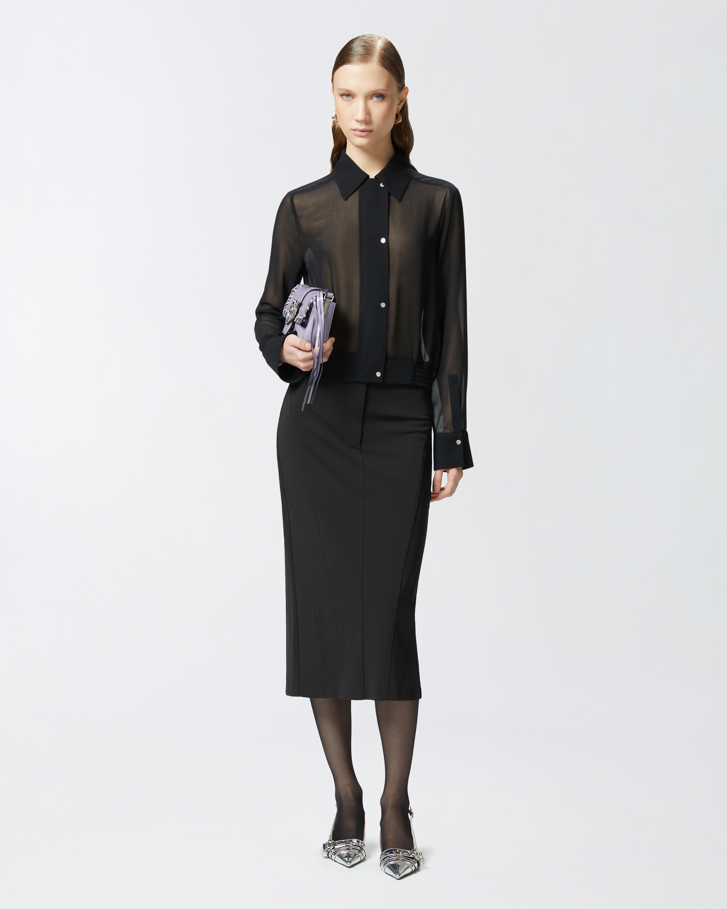 Pinko Georgette Bomber Shirt With Elasticated Drawstring Hem In Limo Black