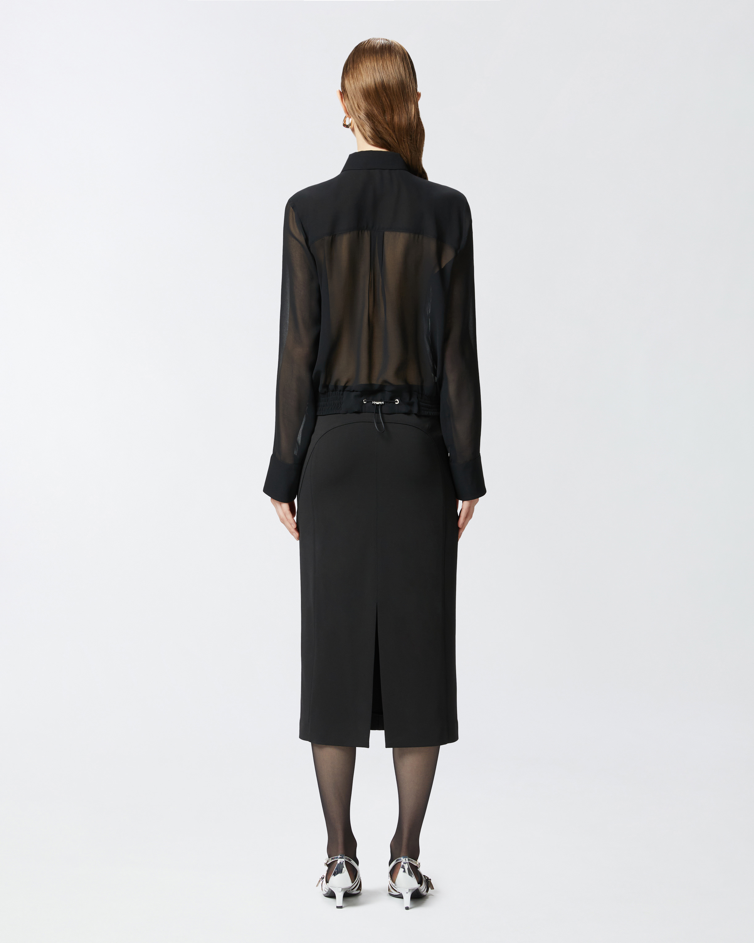 Pinko Georgette Bomber Shirt With Elasticated Drawstring Hem In Limo Black