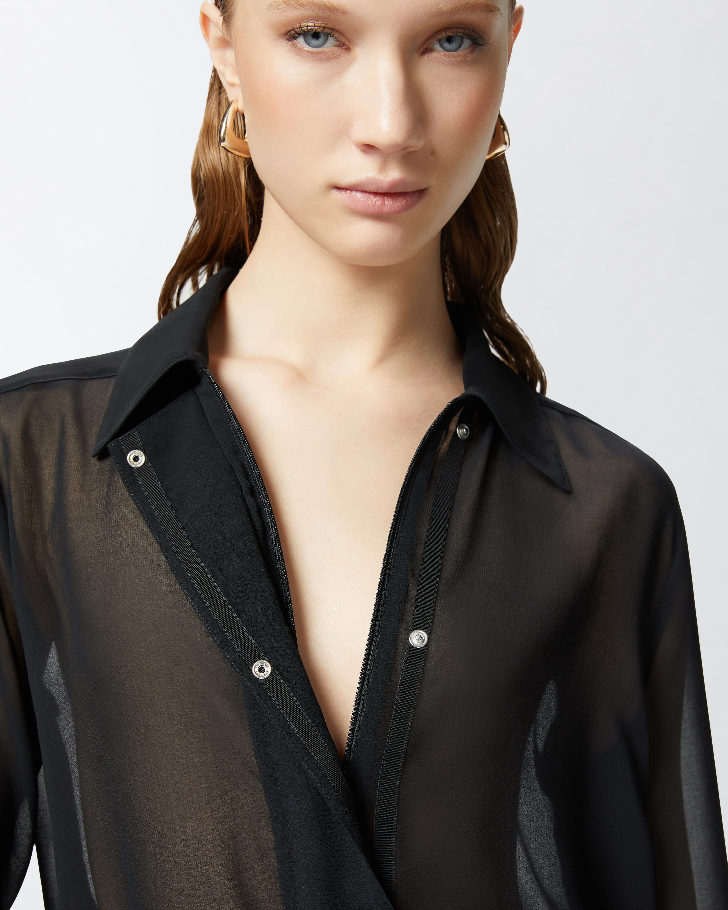 Pinko Georgette Bomber Shirt With Elasticated Drawstring Hem In Limo Black