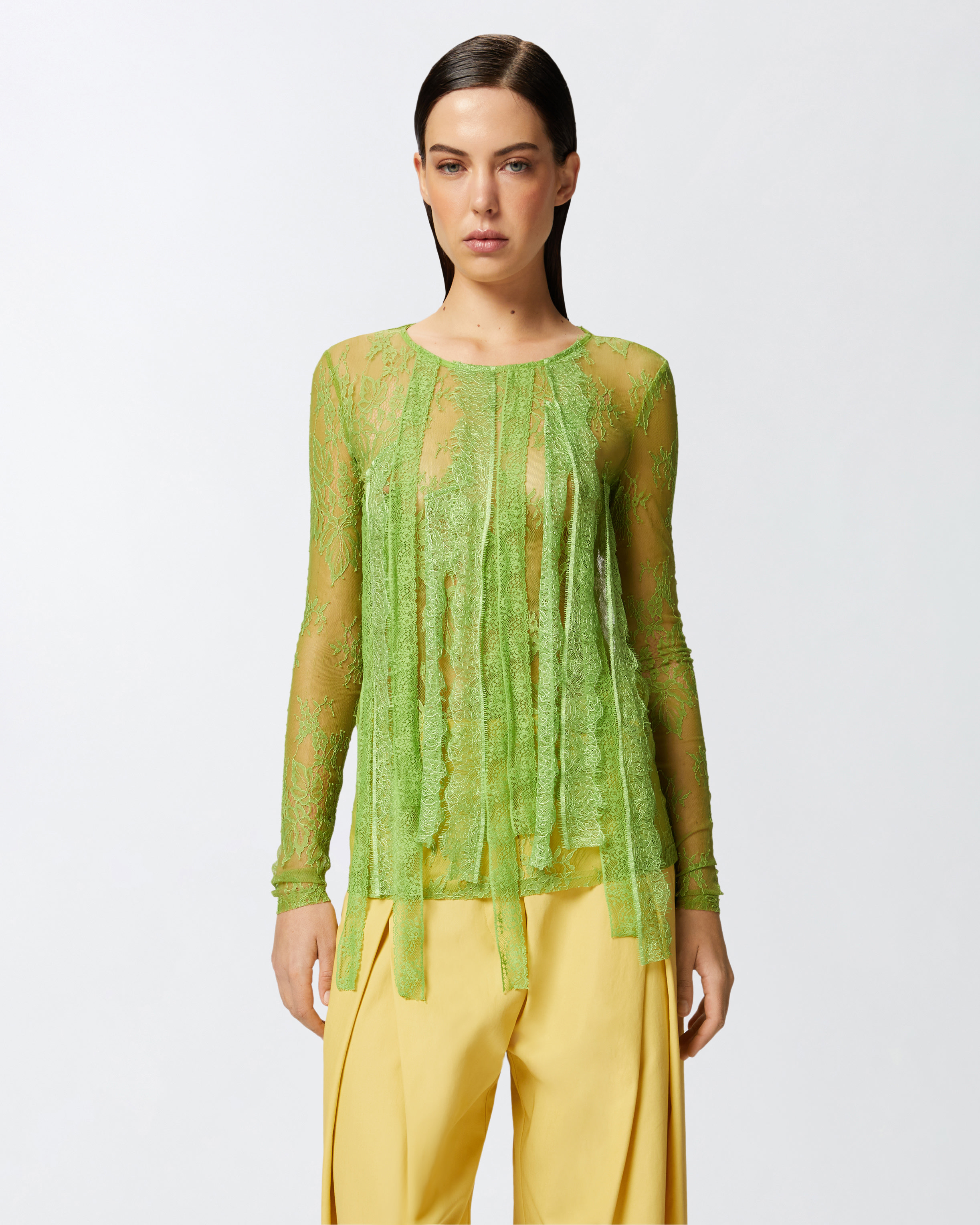 Pinko Slim-fitting Lace Sweater With Fringing In Green Spinach