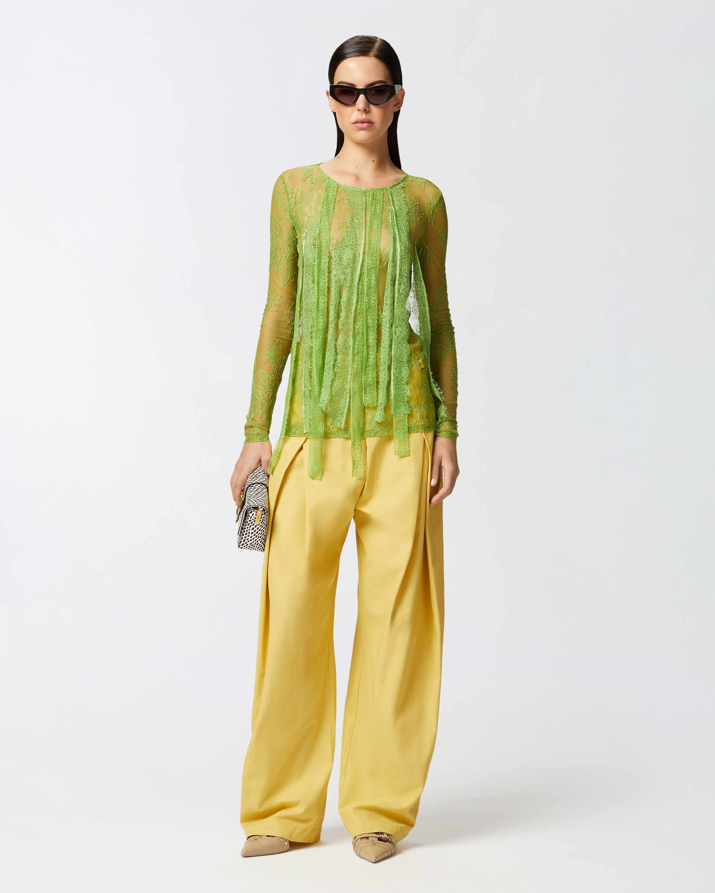 Pinko Slim-fitting Lace Sweater With Fringing In Green Spinach