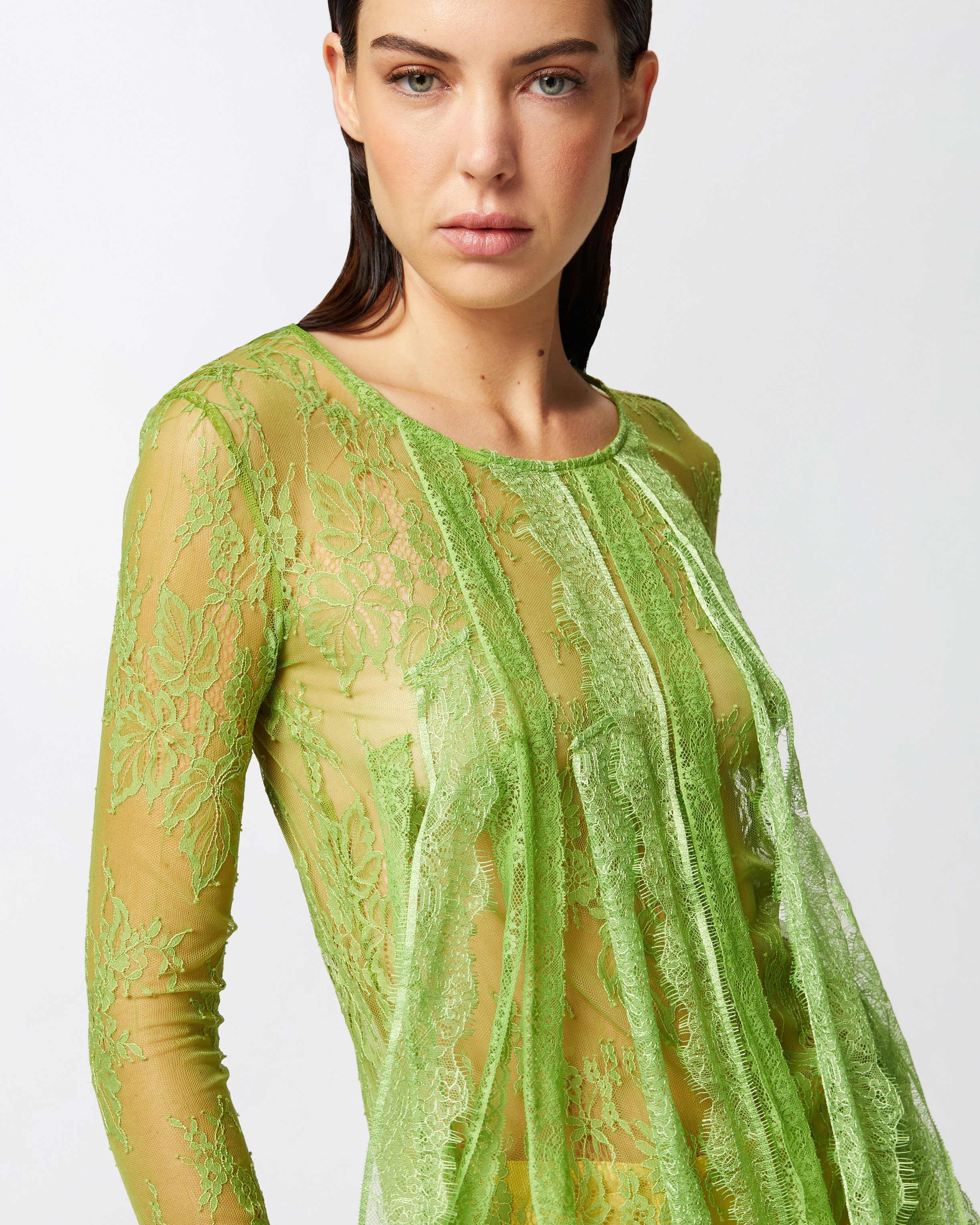 Pinko Slim-fitting Lace Sweater With Fringing In Green Spinach
