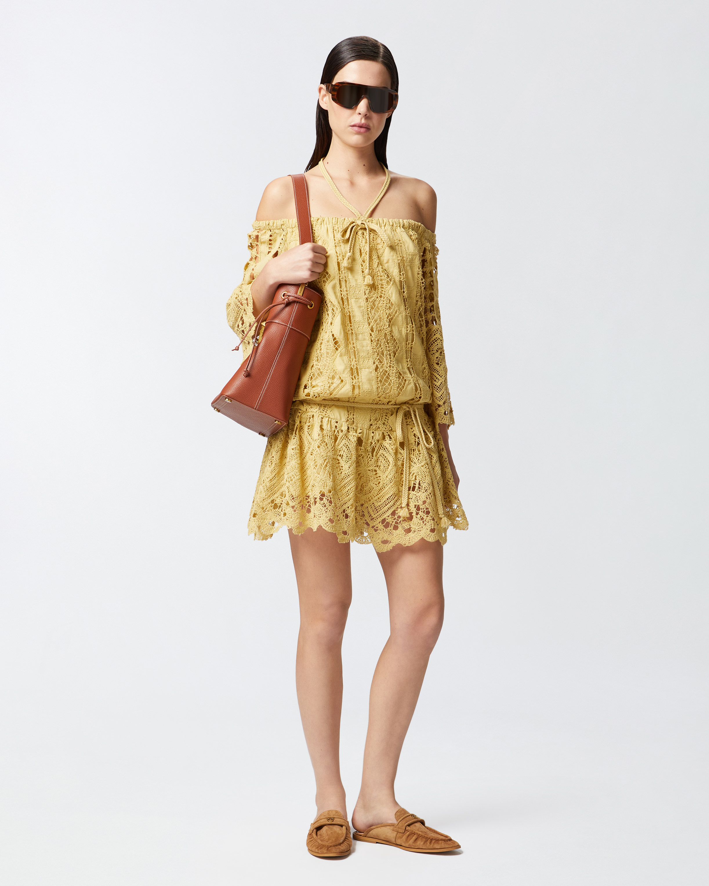 Pinko Mini-robe Ajourée À Épaules Dénudées In Rattan Yellow