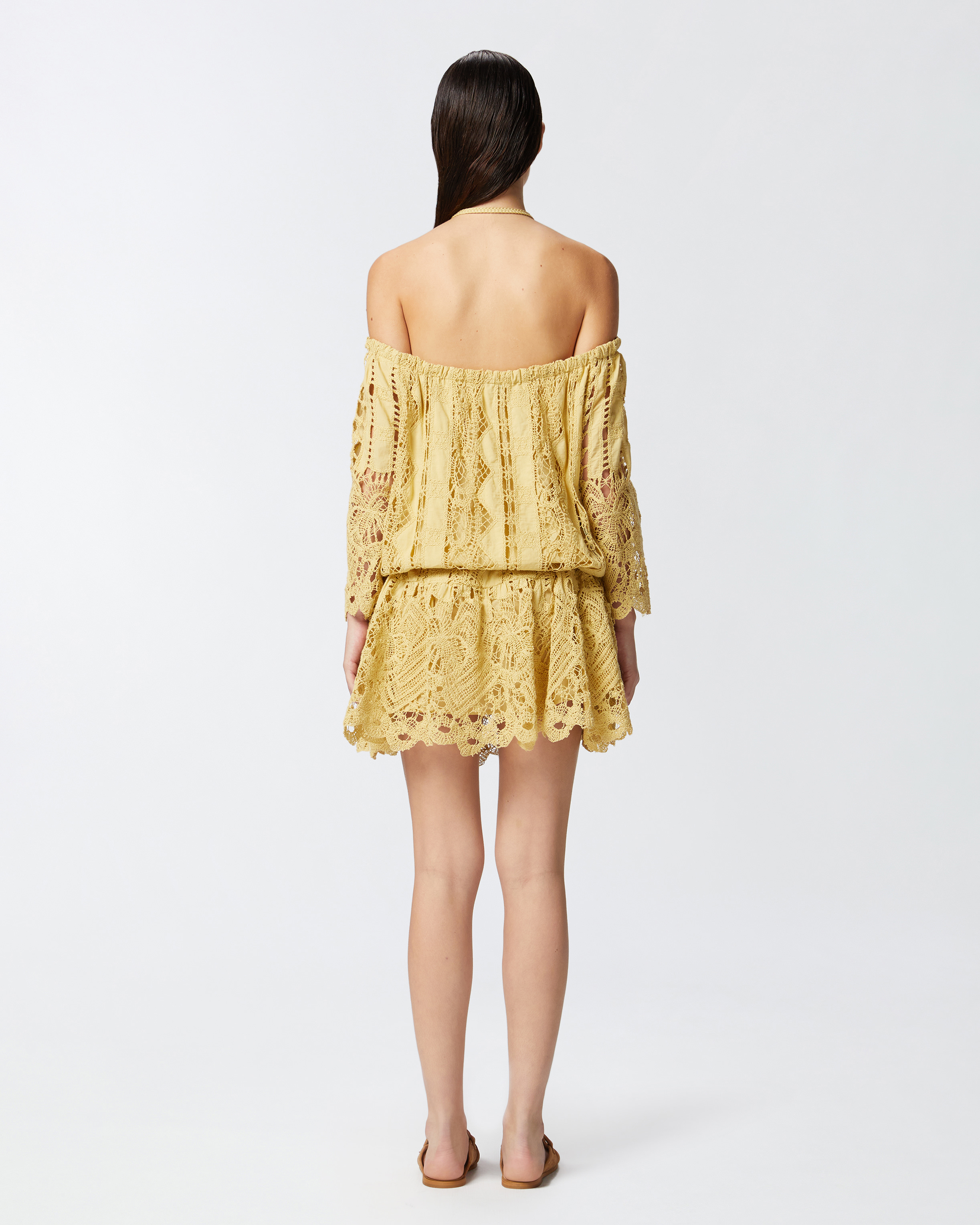 Pinko Mini-robe Ajourée À Épaules Dénudées In Rattan Yellow