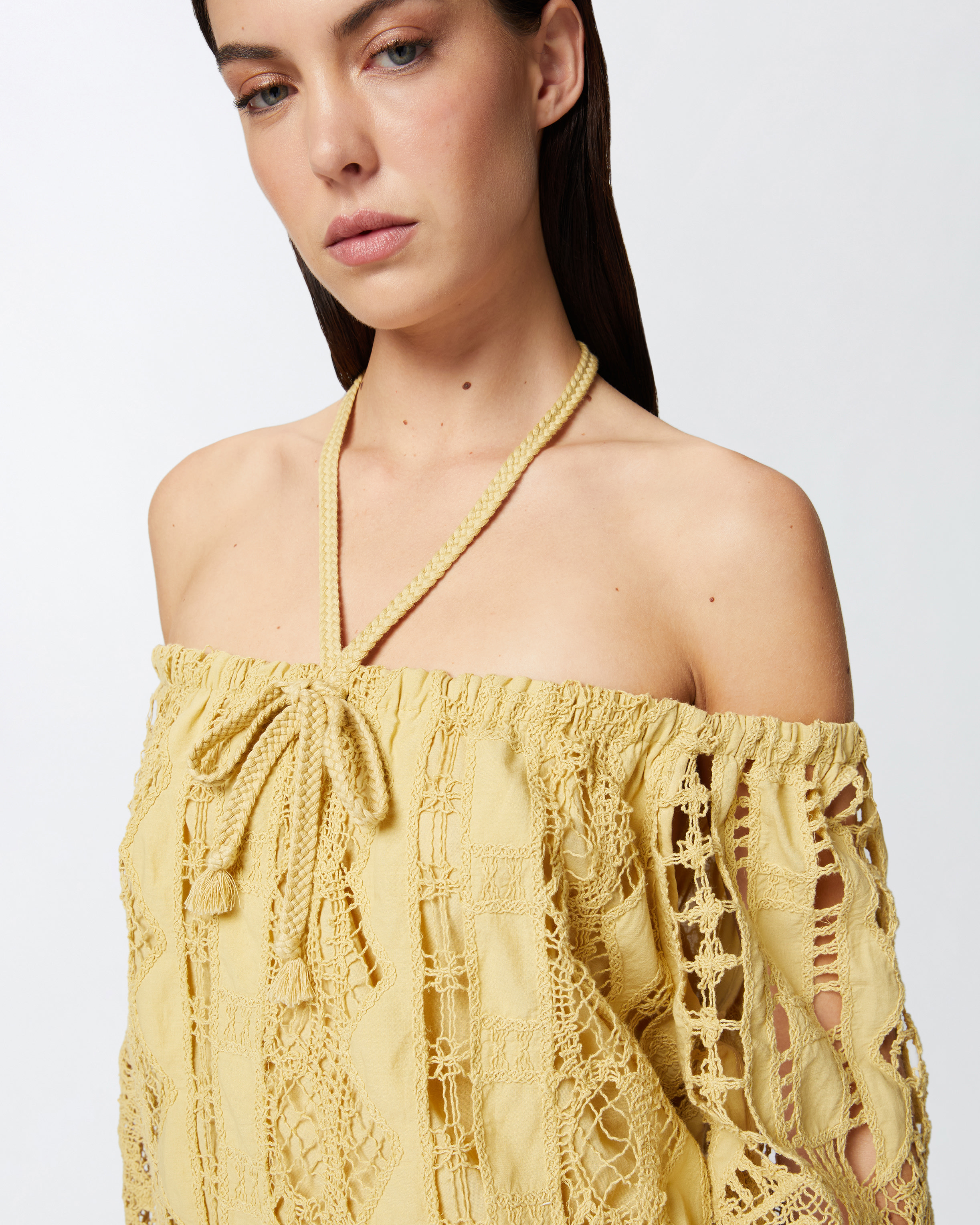 Pinko Mini-robe Ajourée À Épaules Dénudées In Rattan Yellow