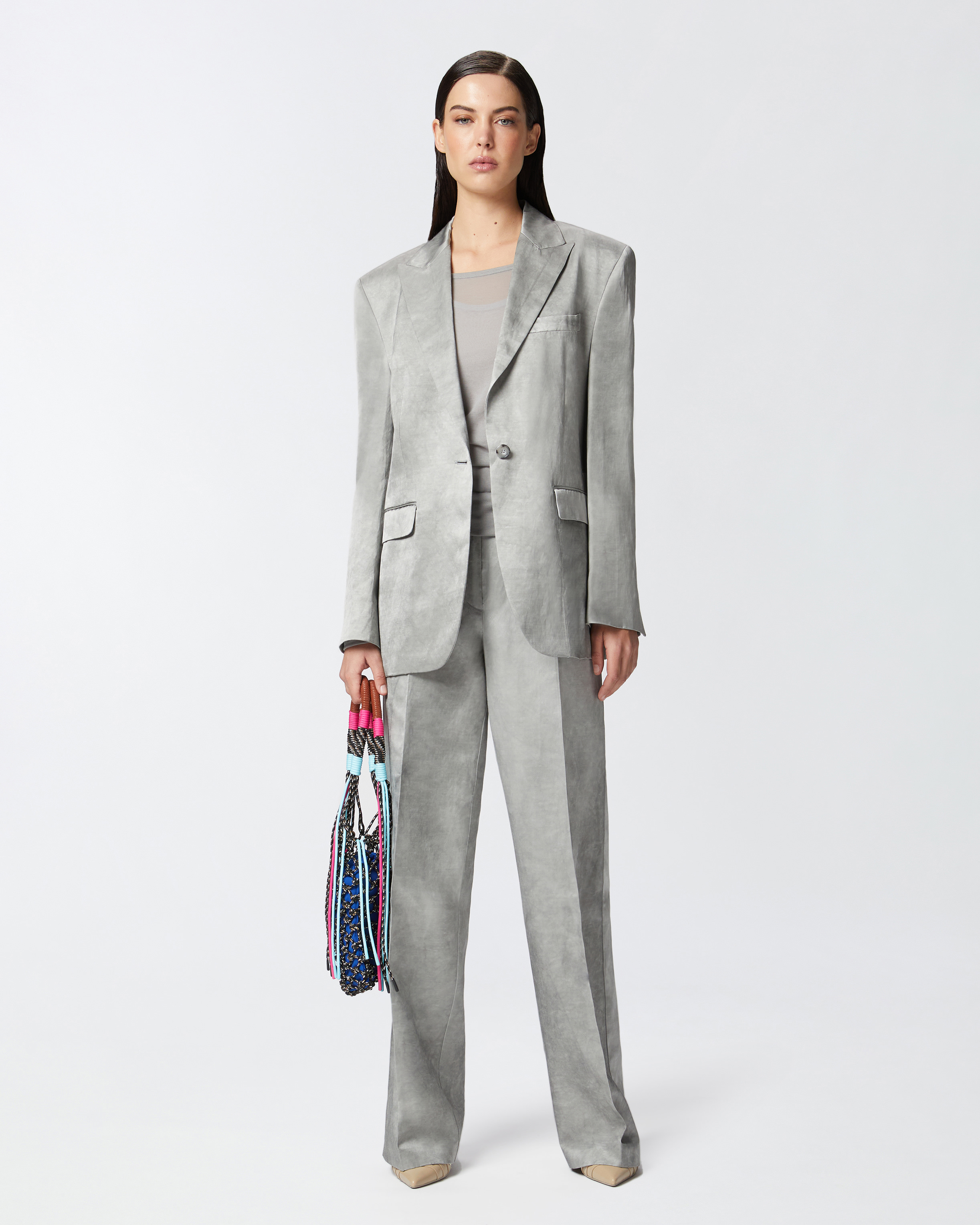 Pinko Elegant Wide Trousers In Washed-out Satin In Wild Dove Grey.