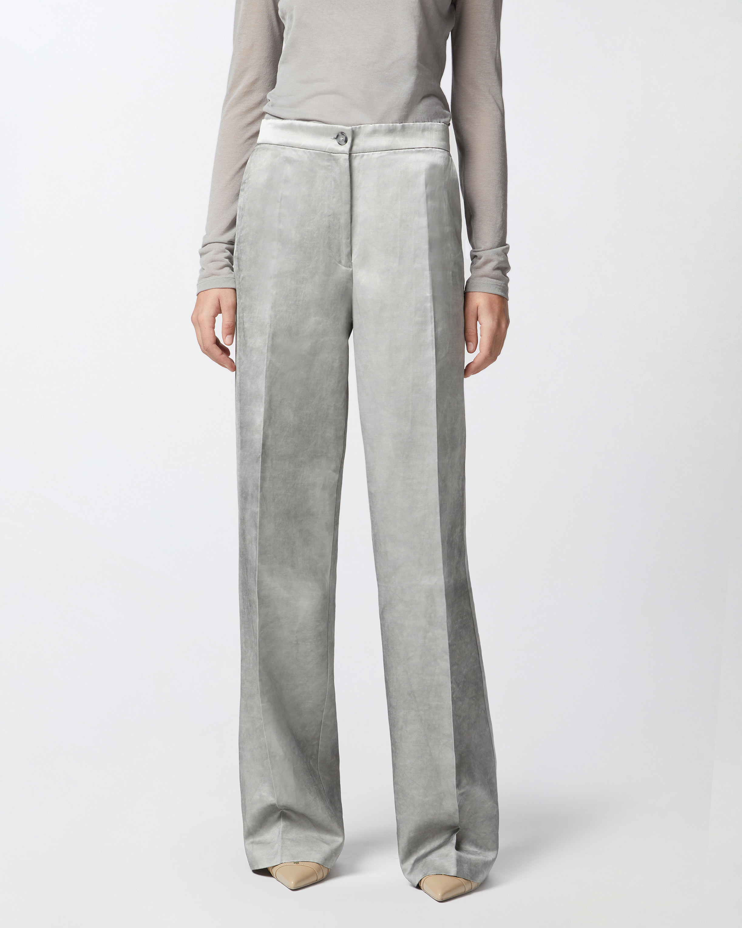 Pinko Elegant Wide Trousers In Washed-out Satin In Wild Dove Grey.