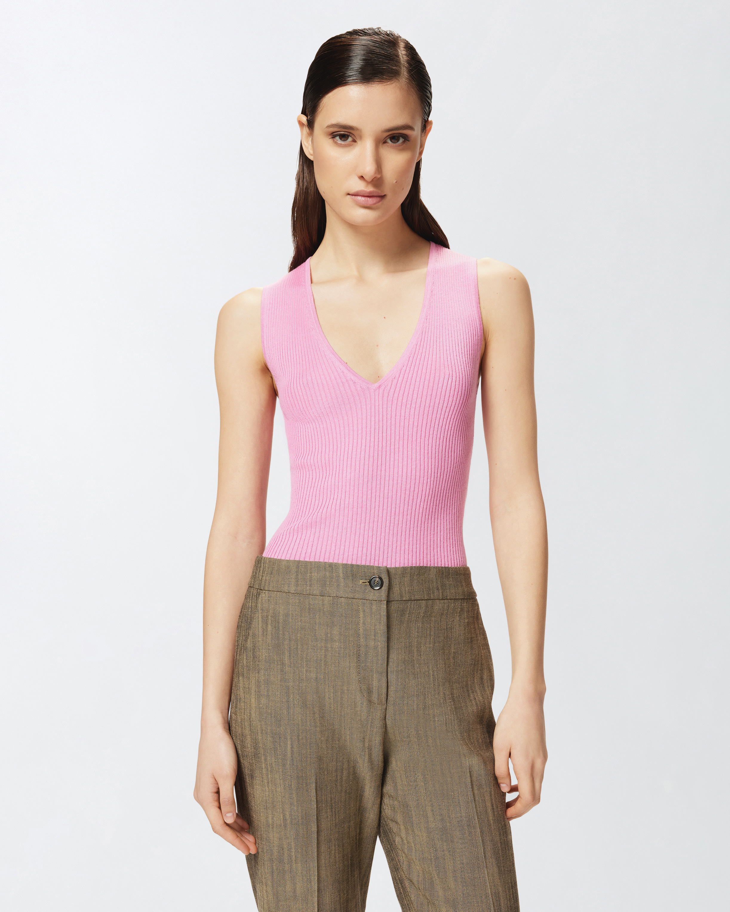 Top smanicato costine misto seta - Rosa - large | Pinko 