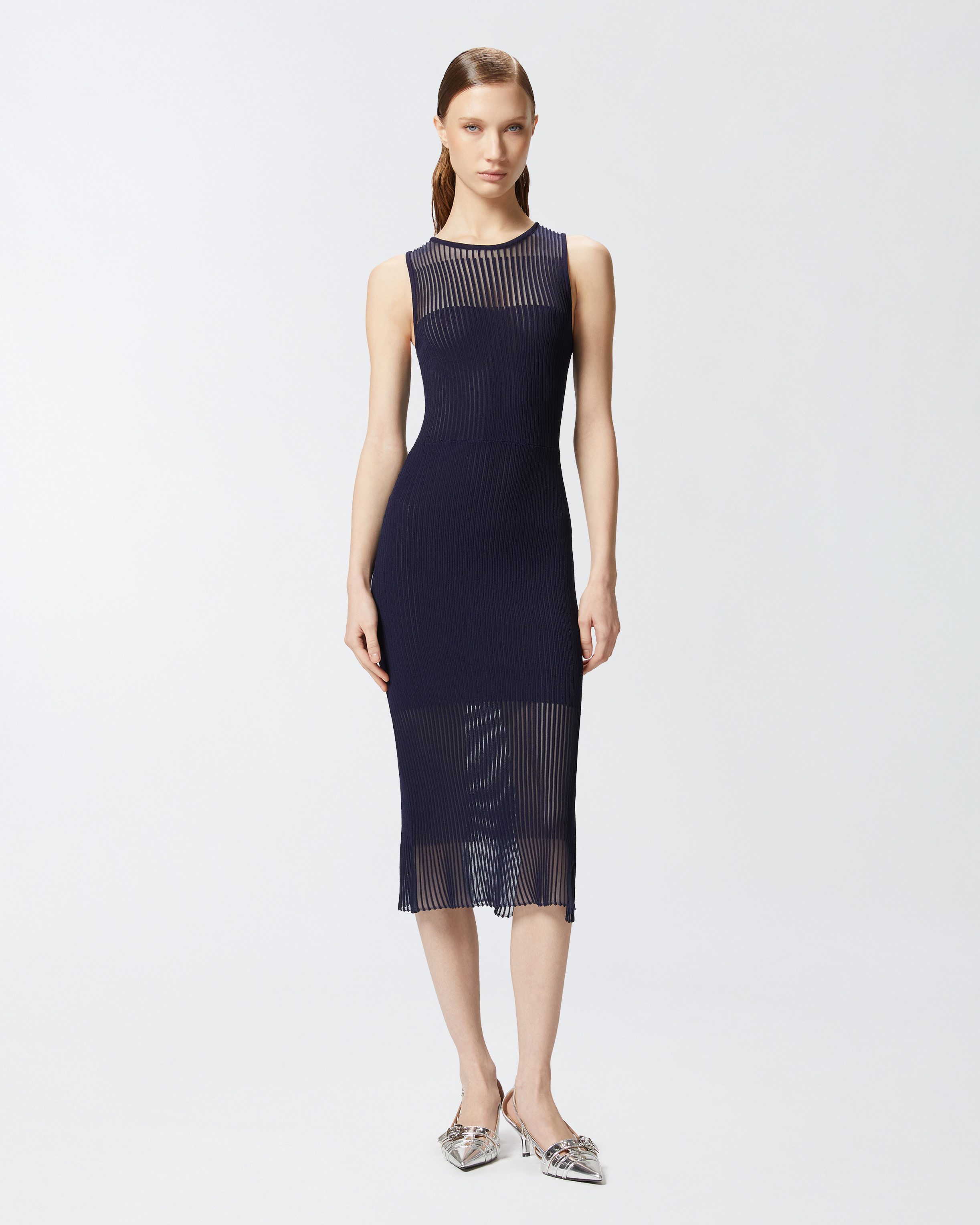 Pinko Fitted Midi Dress With Transparent Ribs In Blu Tenebra