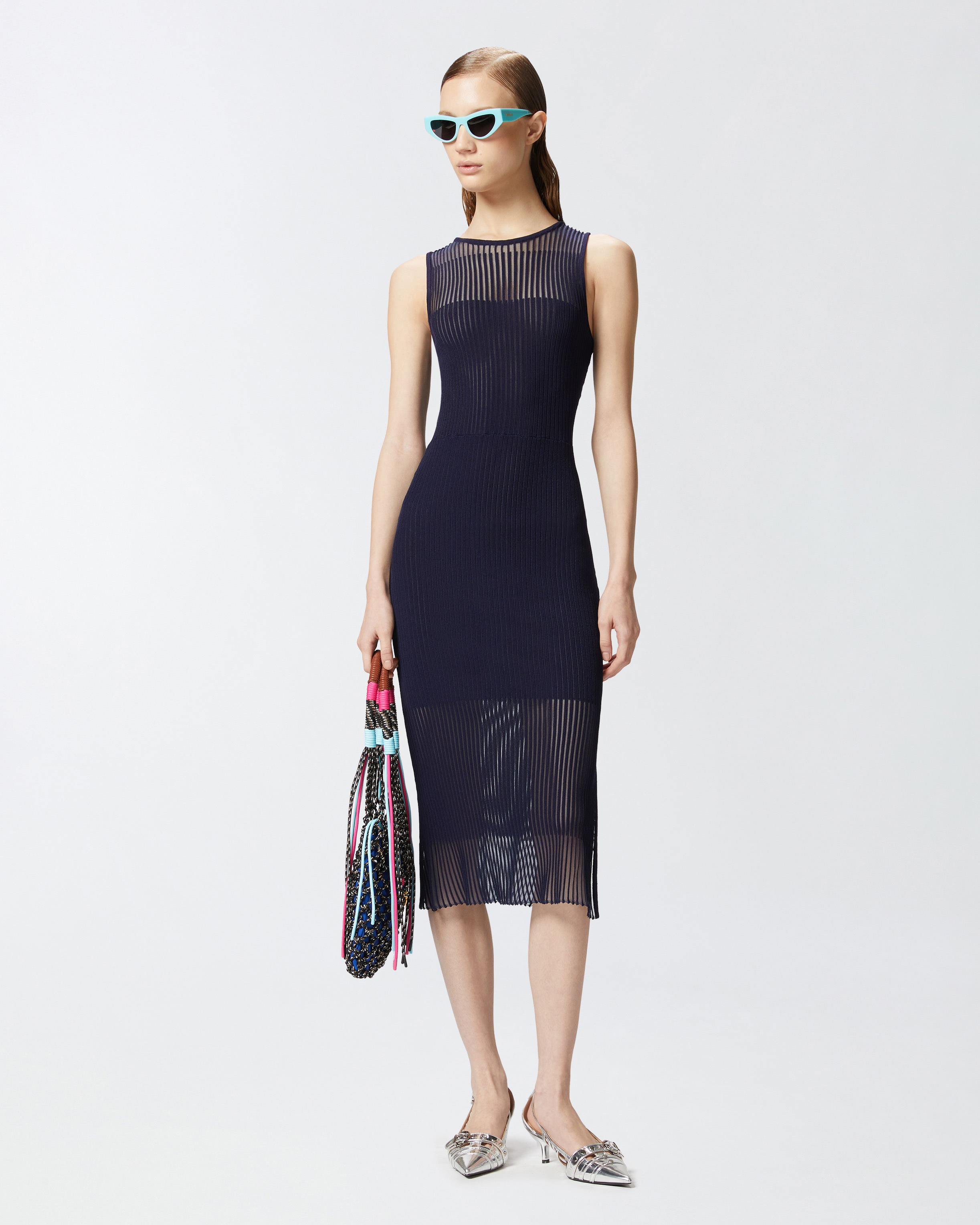 Pinko Fitted Midi Dress With Transparent Ribs In Blu Tenebra