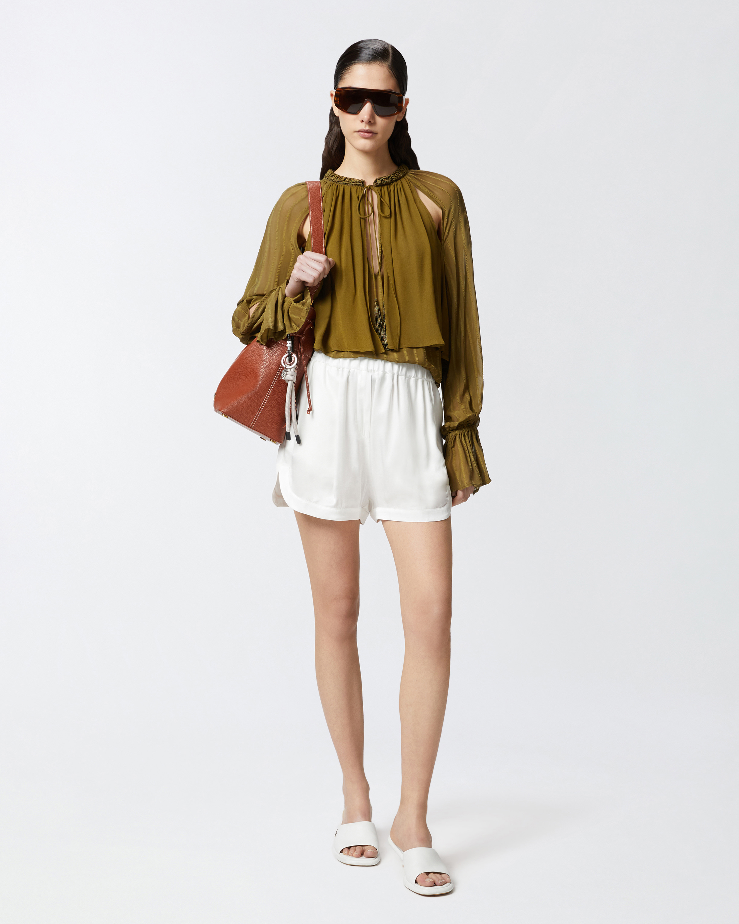 Pinko Linen Shorts With Elastic Waistband And Back Pocket In Snow White