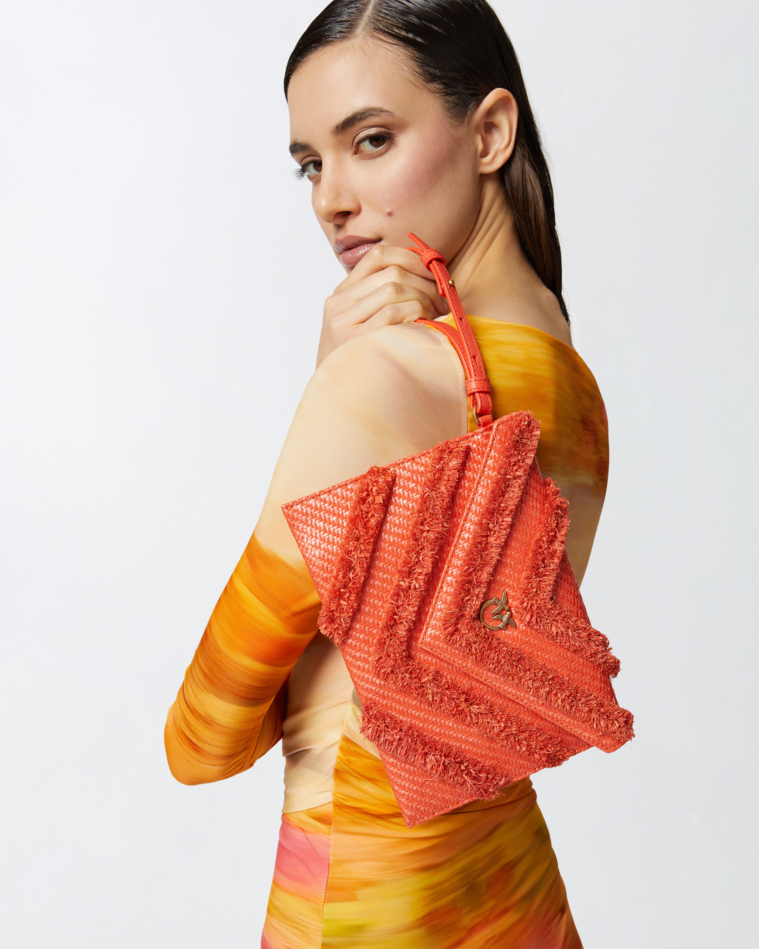 Pinko Flat Clutch Bag In Fringed Chevron Raffia