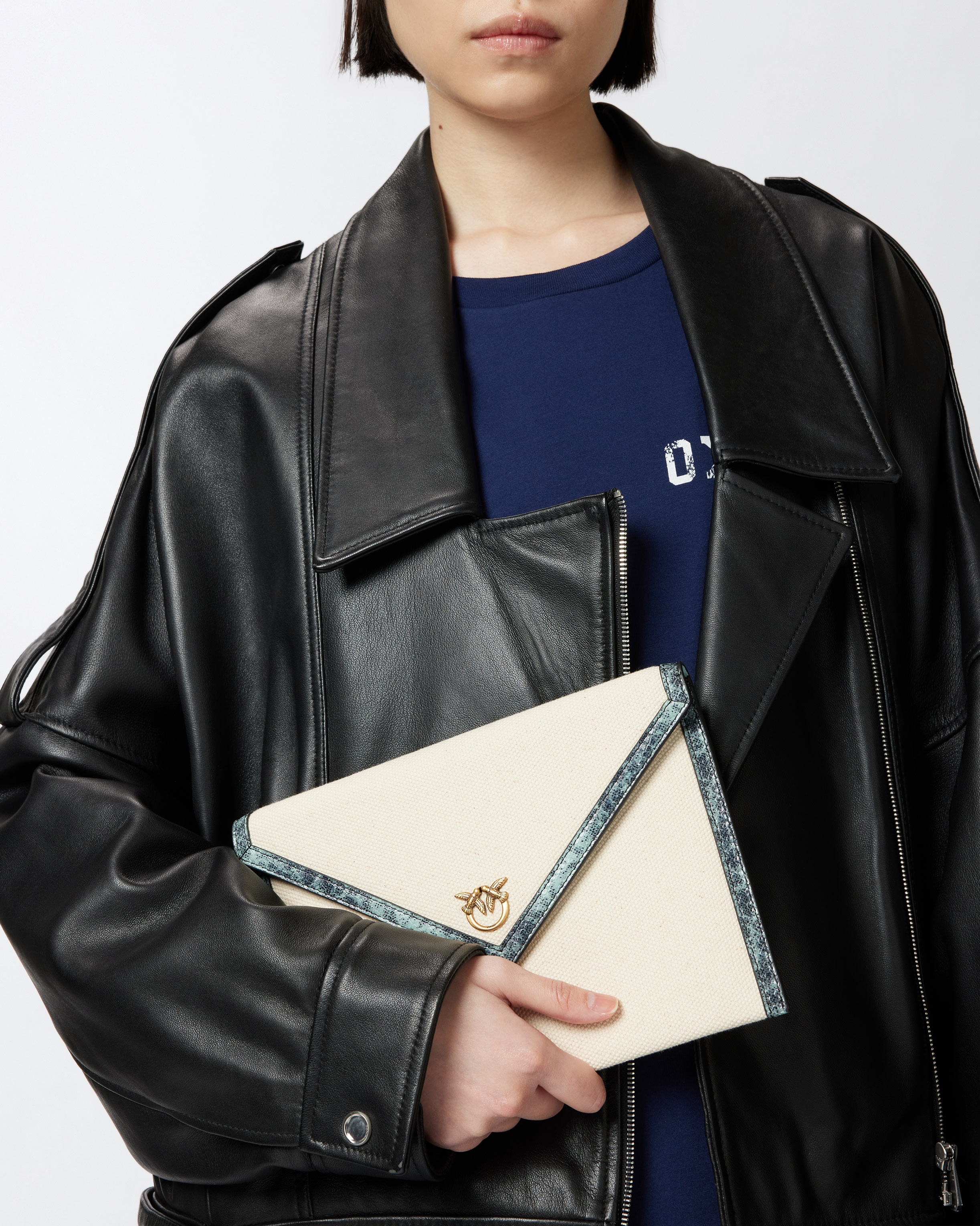 Pinko Canvas Handbag With Printed Leather Trim