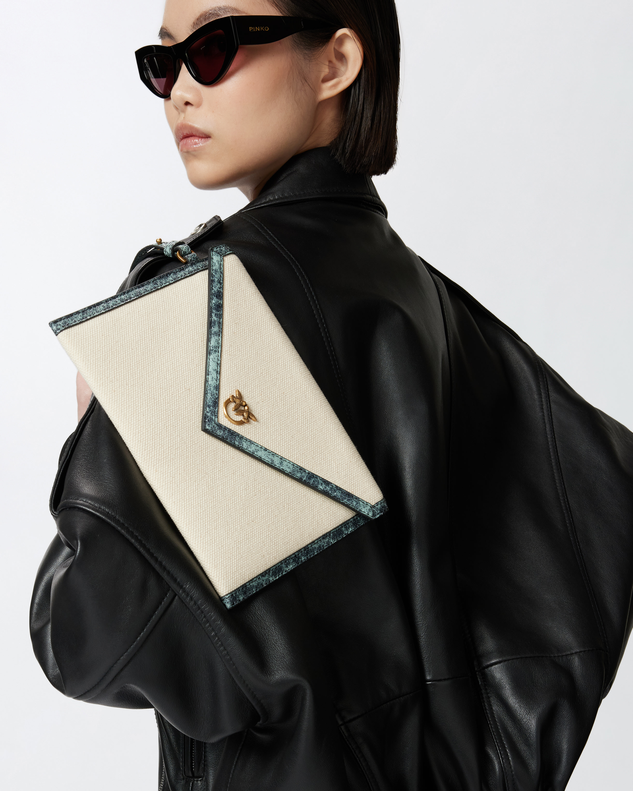 Pinko Canvas Handbag With Printed Leather Trim