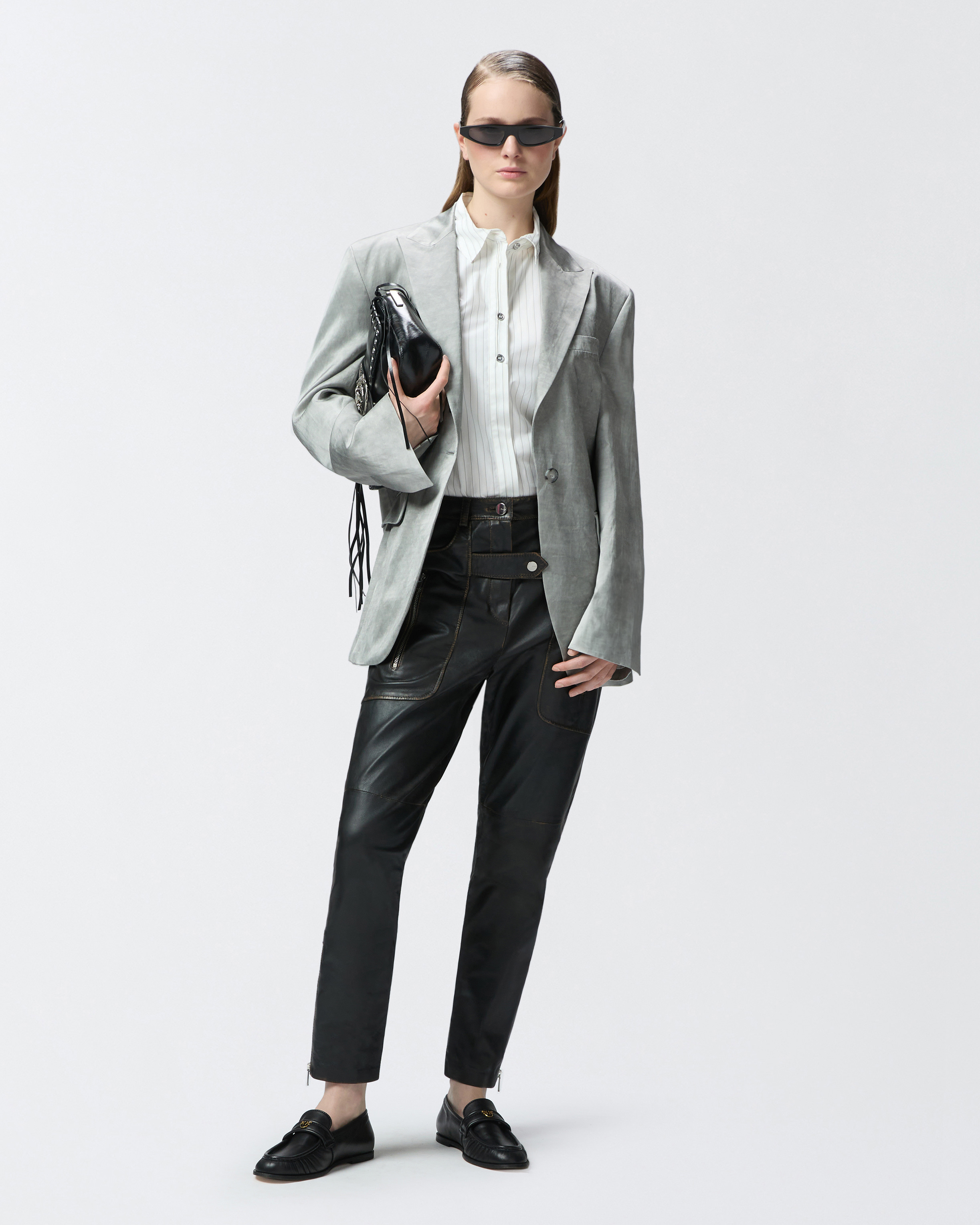 Pinko Leather Biker Pants With Zip In Caviar Black