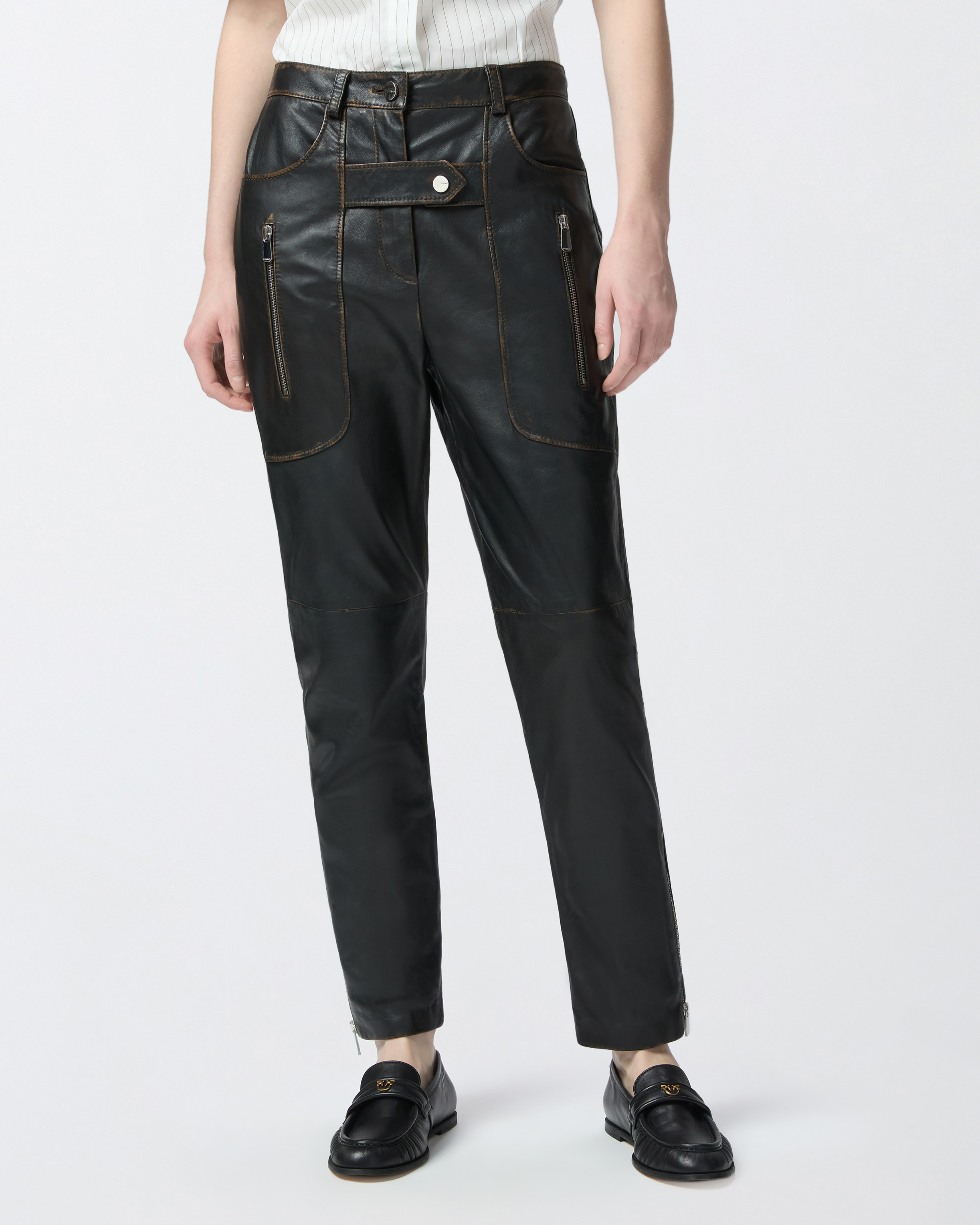Pinko Leather Biker Pants With Zip In Caviar Black