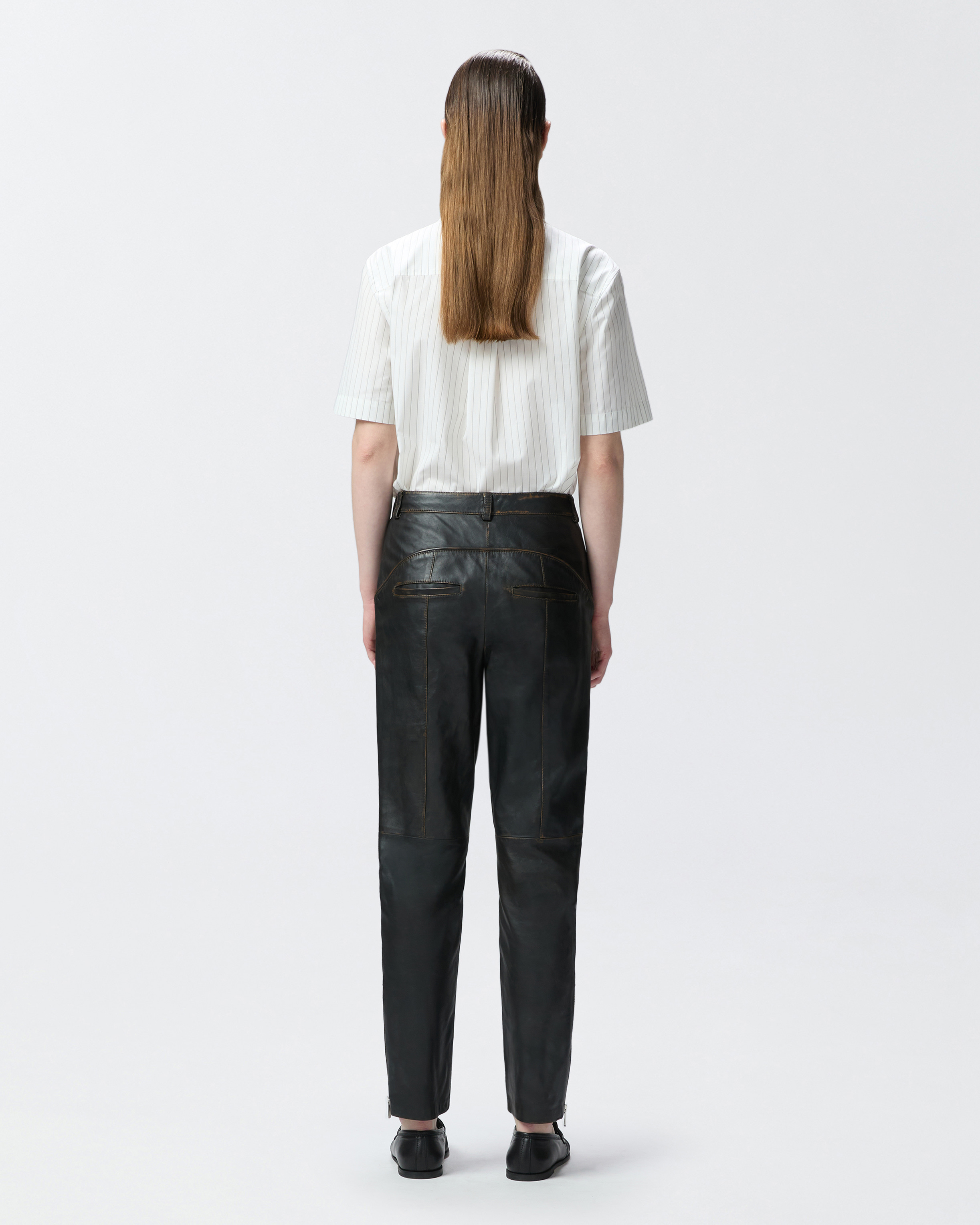 Pinko Leather Biker Pants With Zip In Caviar Black