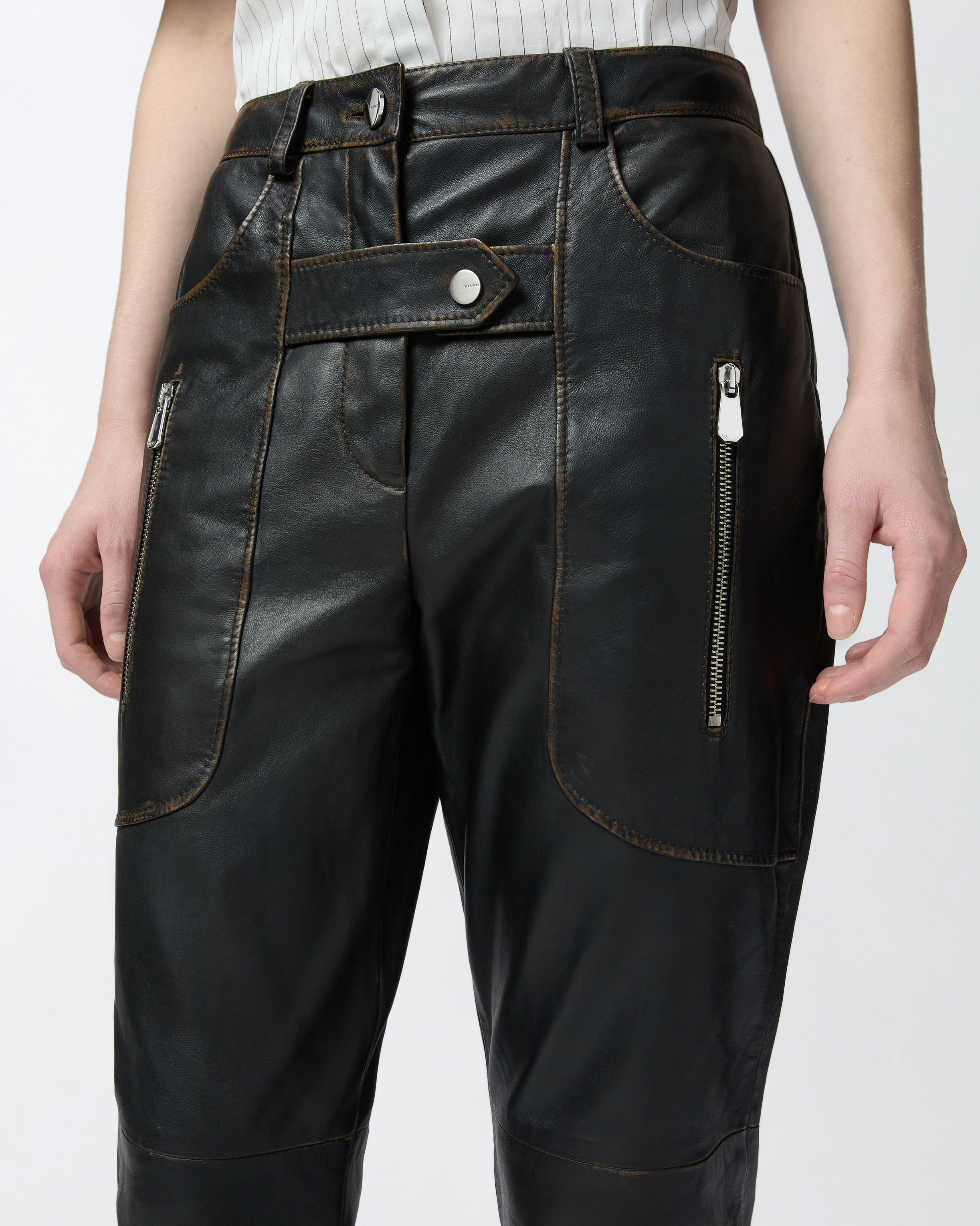 Pinko Leather Biker Pants With Zip In Caviar Black