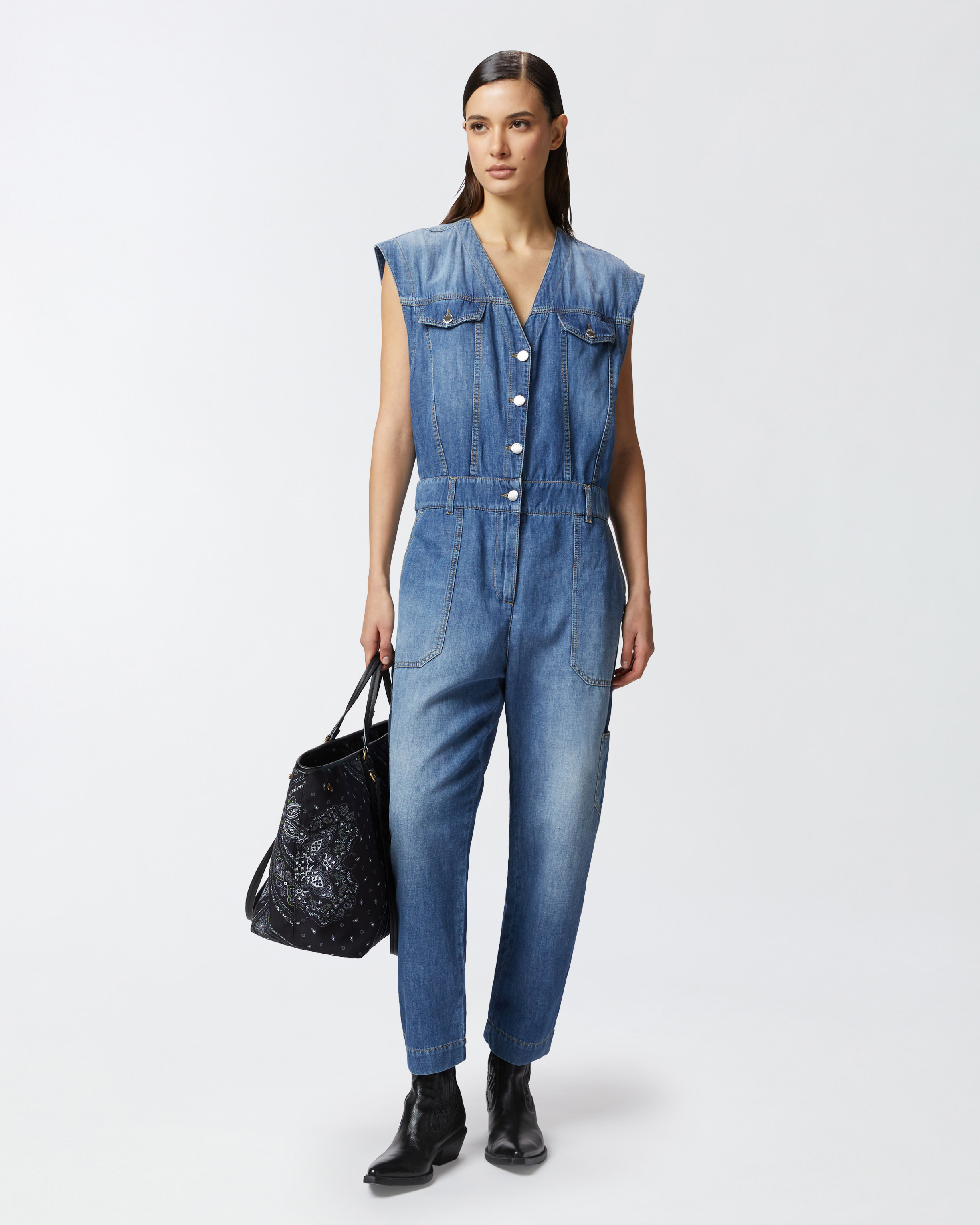 Pinko Denim Jumpsuit With Belt Loops And Pockets In Mid Wash