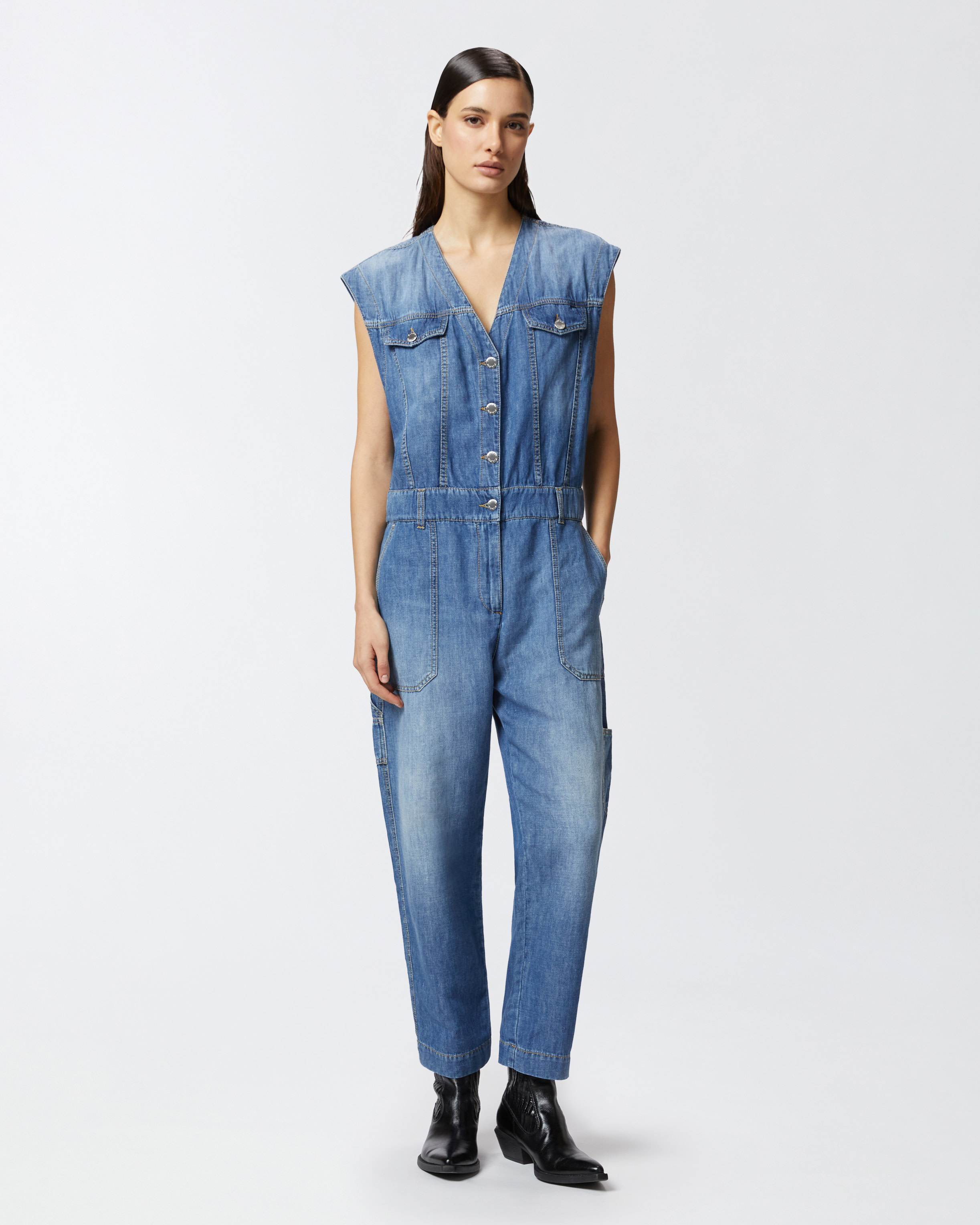Pinko Denim Jumpsuit With Belt Loops And Pockets In Mid Wash