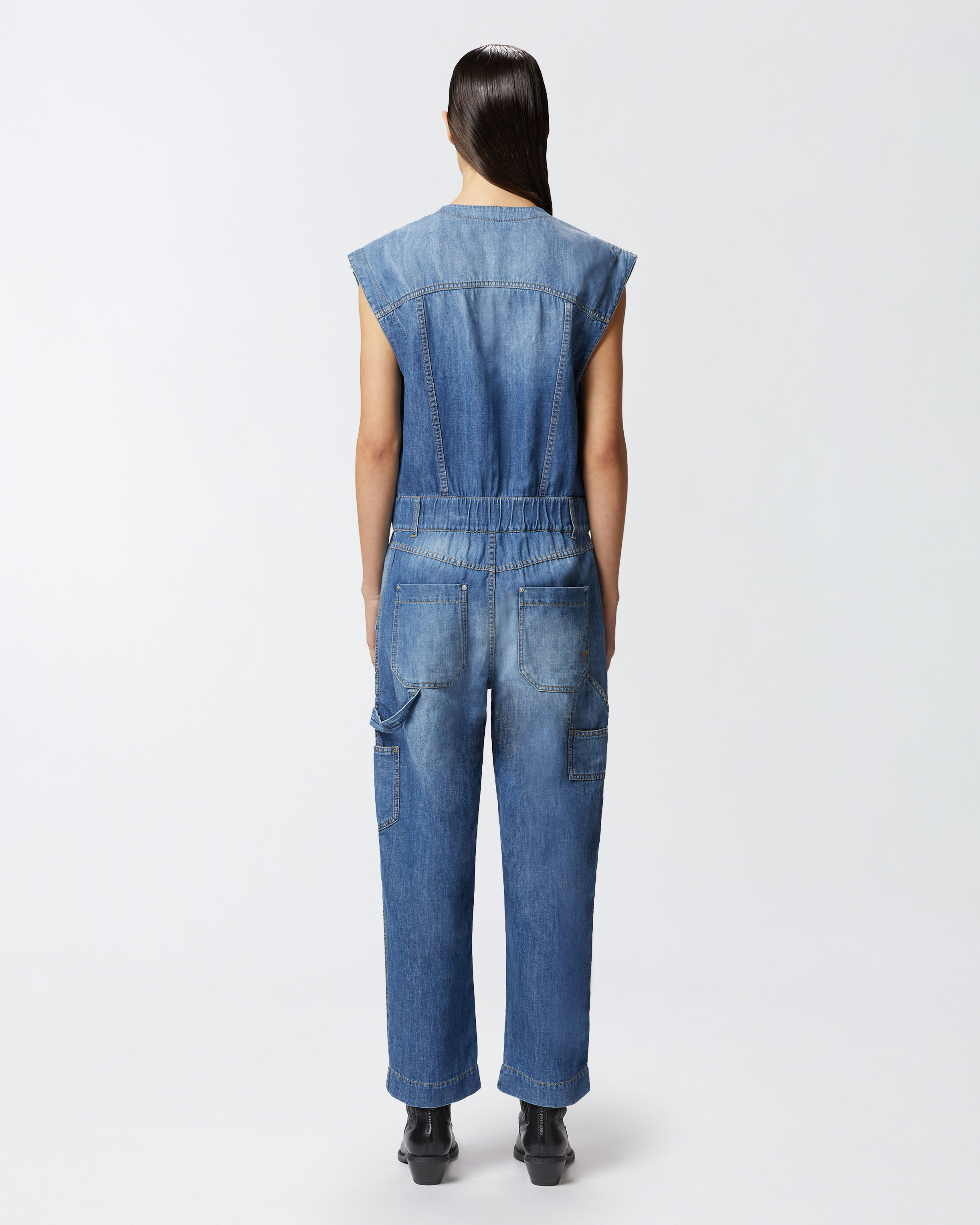 Pinko Denim Jumpsuit With Belt Loops And Pockets In Mid Wash
