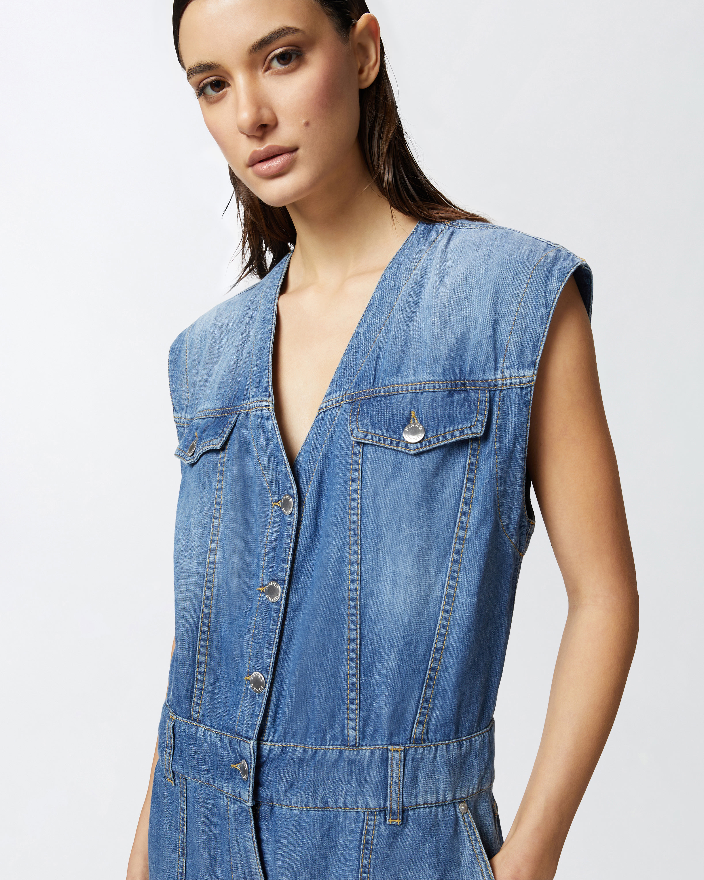Pinko Denim Jumpsuit With Belt Loops And Pockets In Mid Wash