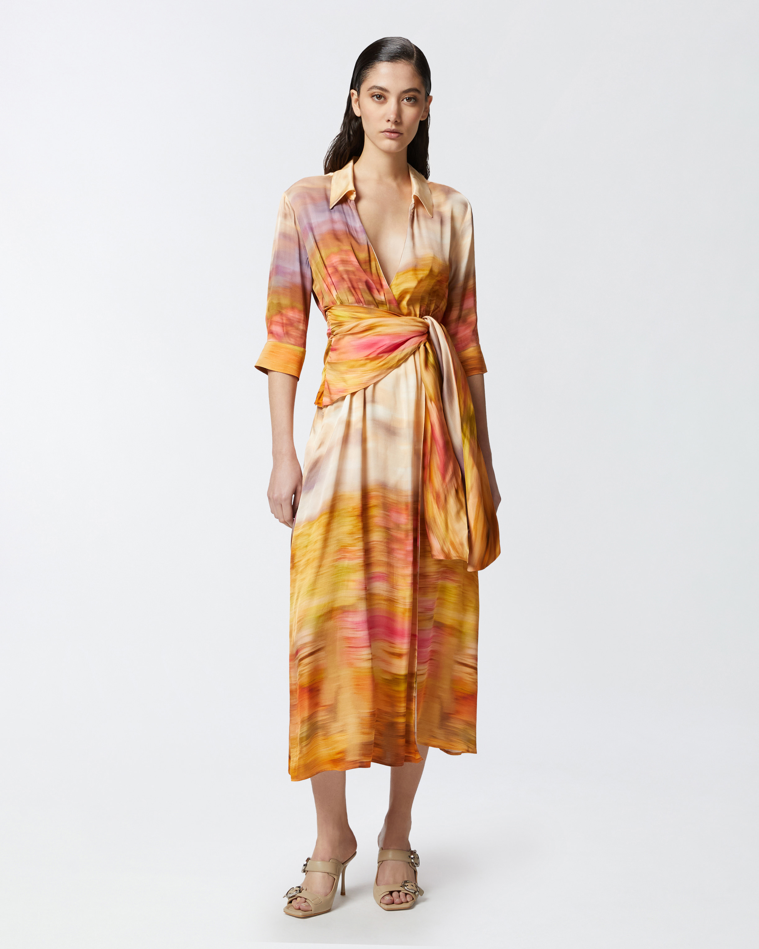 Pinko Printed Satin V-neck Dress In Multi. Beige/pink