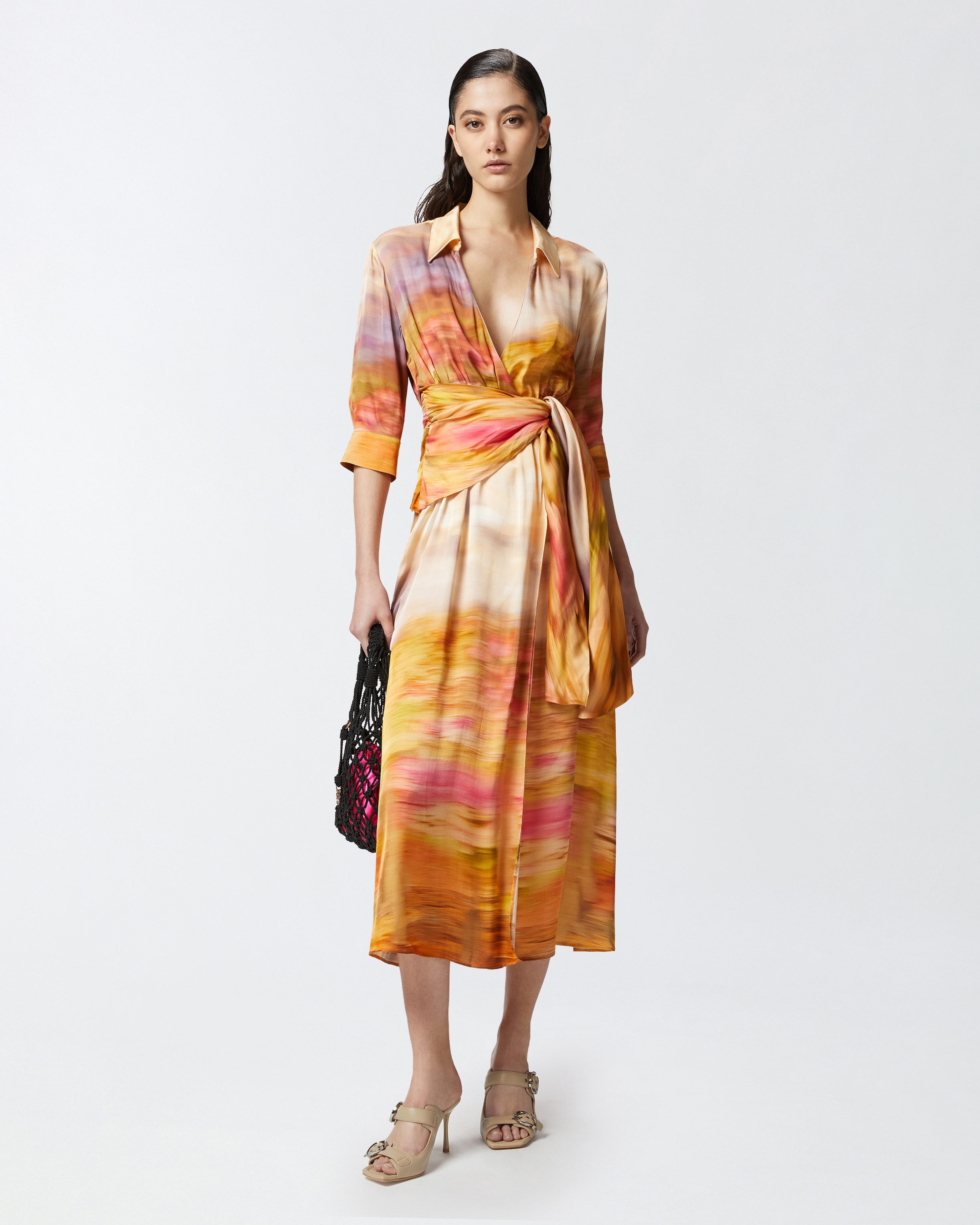 Pinko Printed Satin V-neck Dress In Multi. Beige/pink