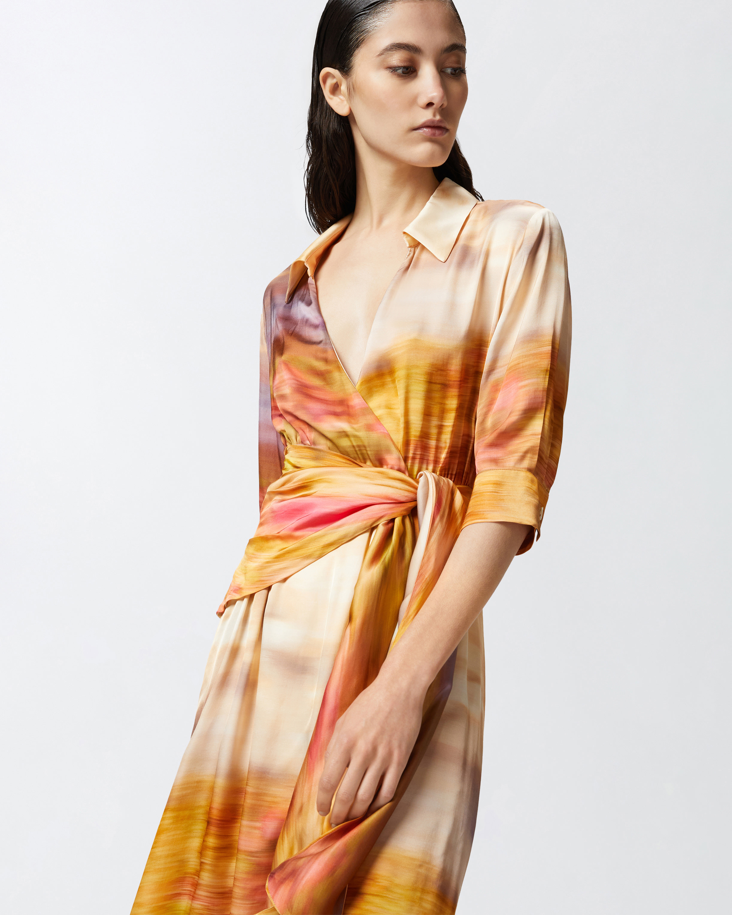 Pinko Printed Satin V-neck Dress In Multi. Beige/pink