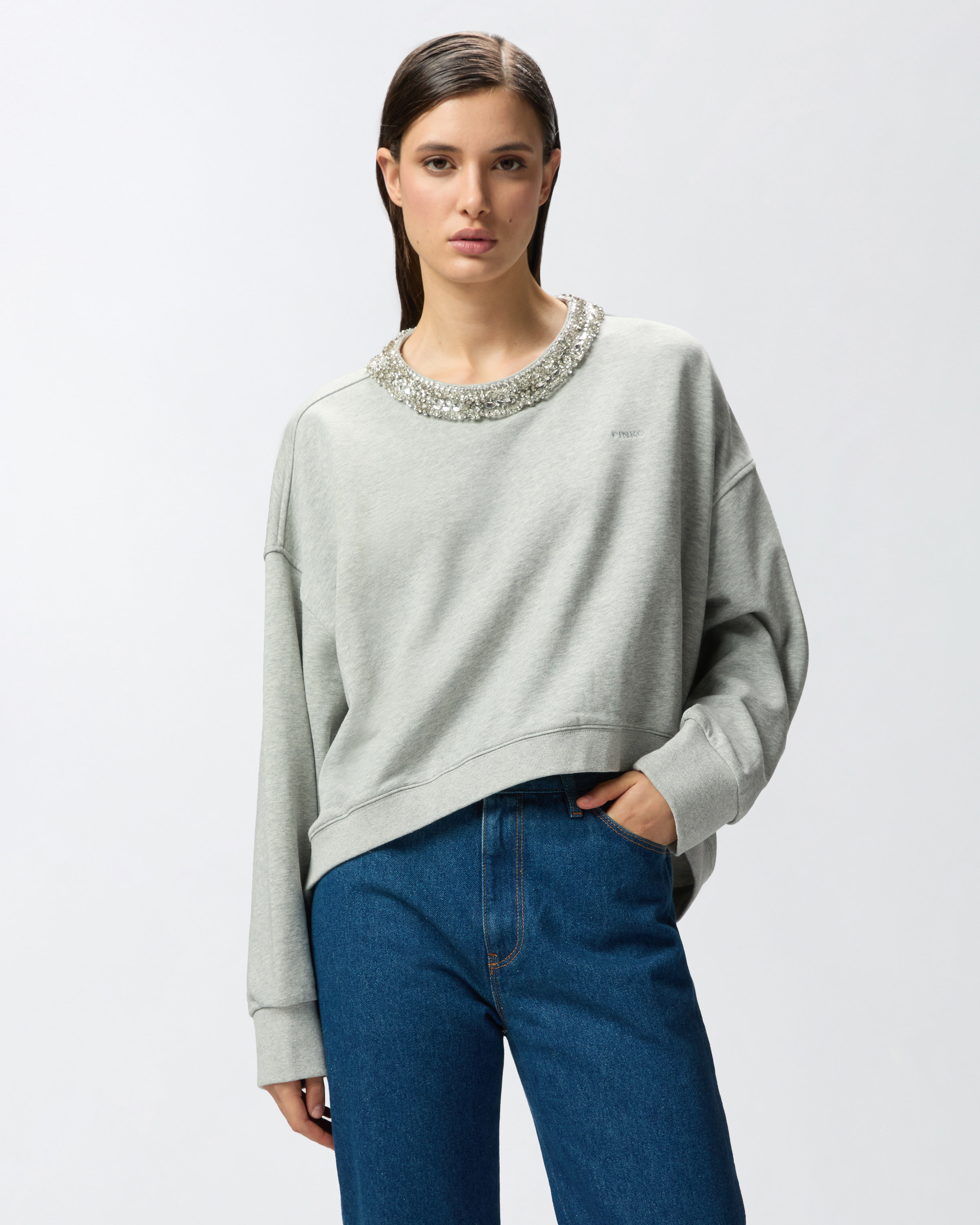Pinko Sweatshirt With Jewel Embroidery On The Neck In Gris Pluie Fine