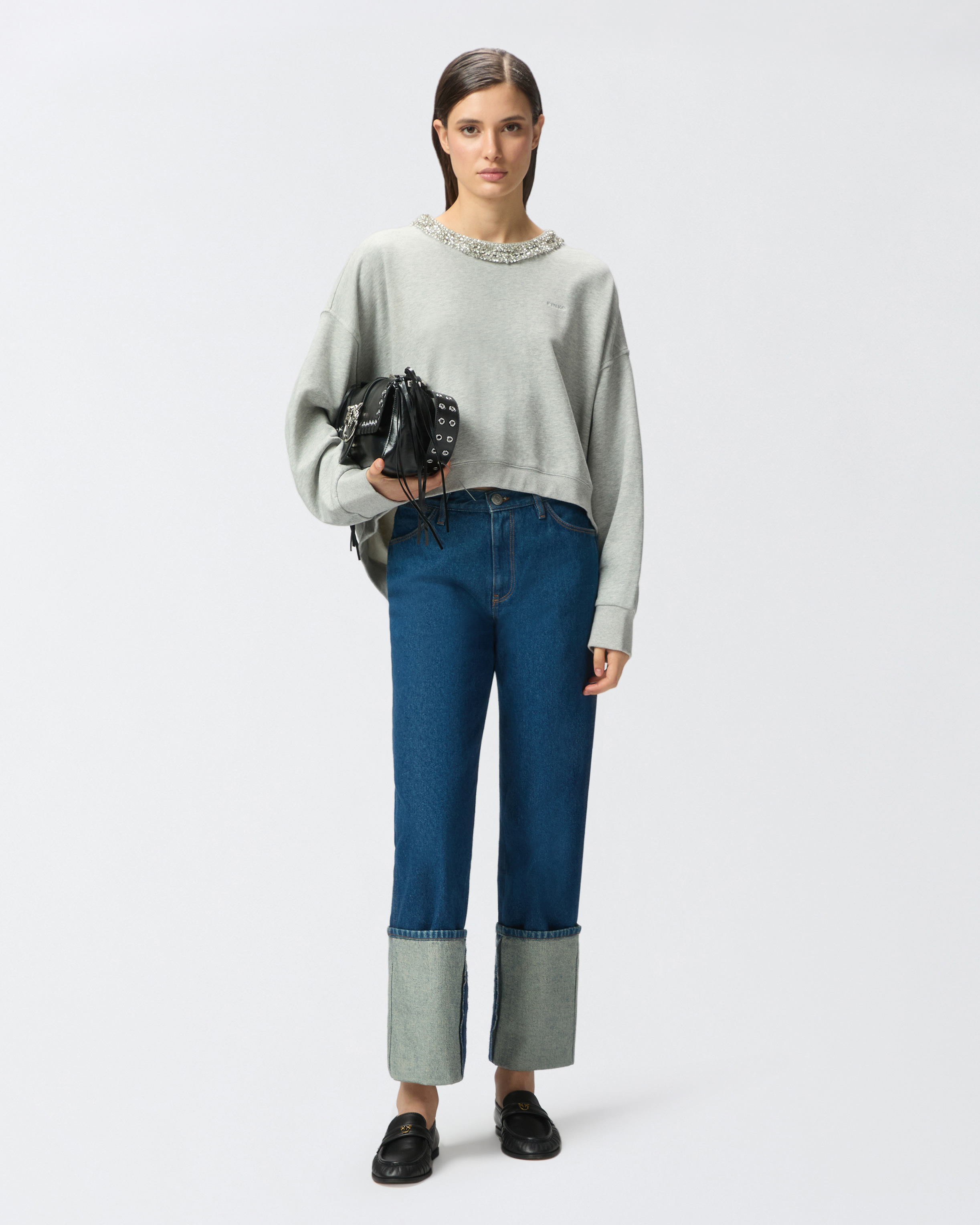 Pinko Sweatshirt With Jewel Embroidery On The Neck In Gris Pluie Fine