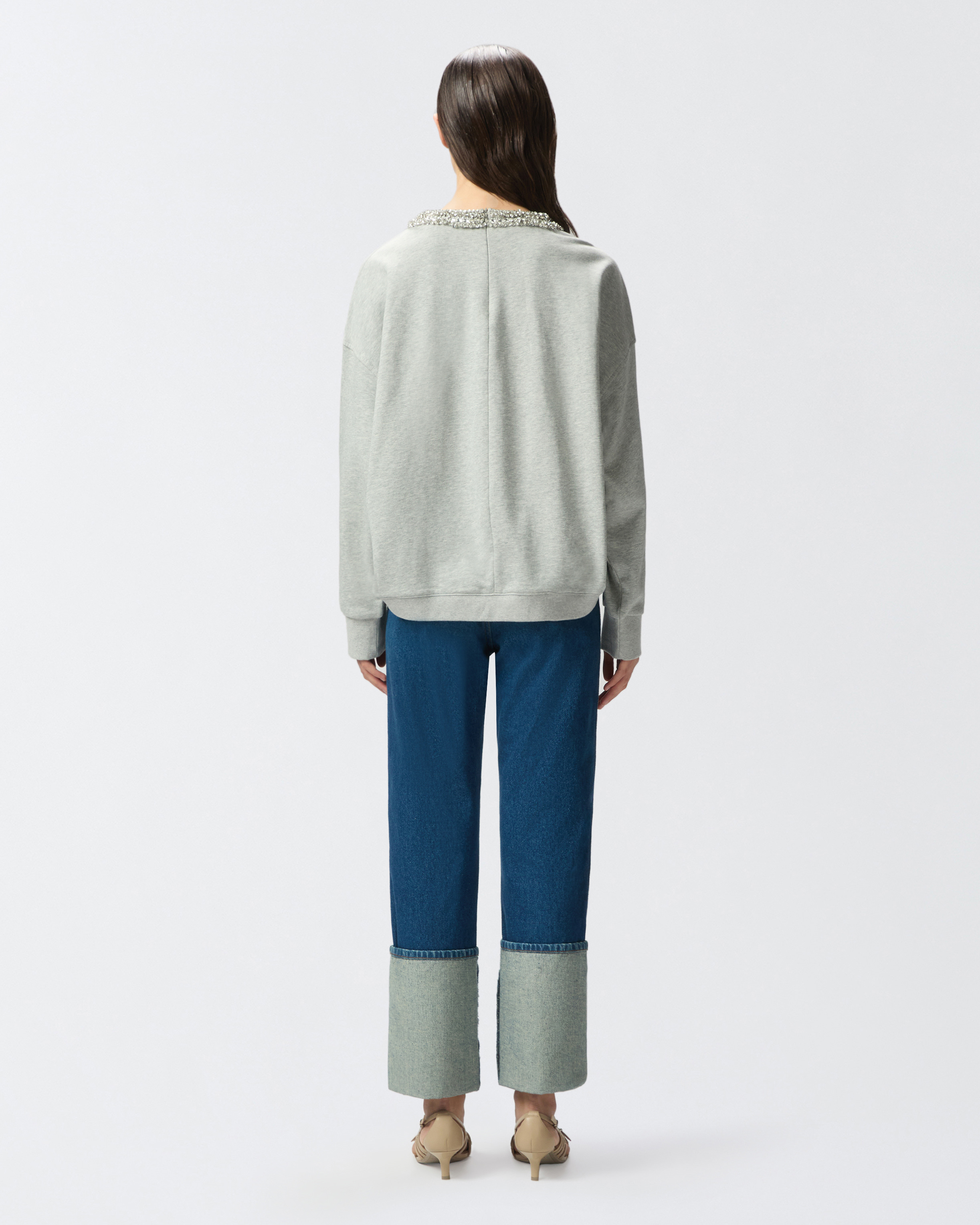 Pinko Sweatshirt With Jewel Embroidery On The Neck In Gris Pluie Fine