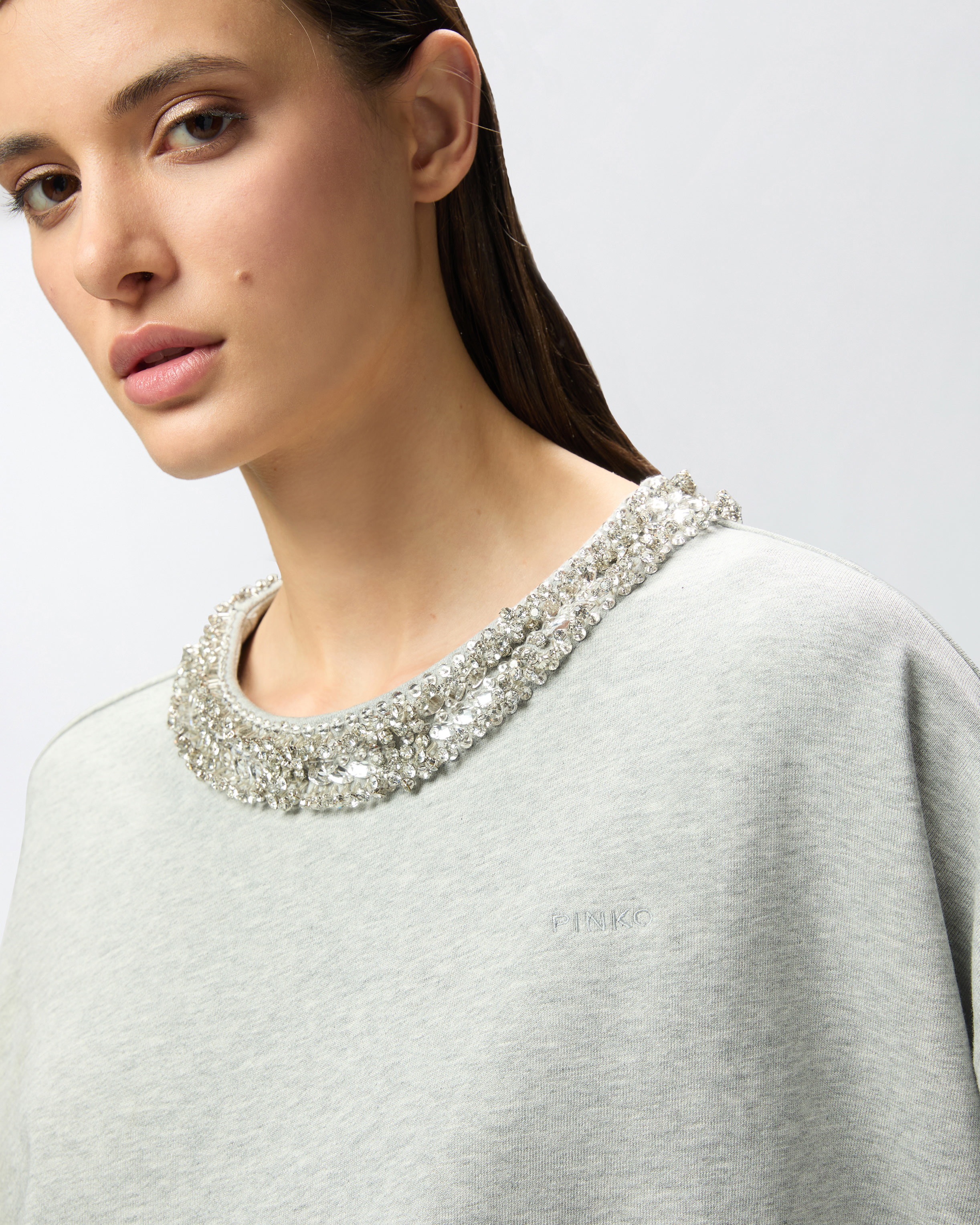 Pinko Sweatshirt With Jewel Embroidery On The Neck In Gris Pluie Fine