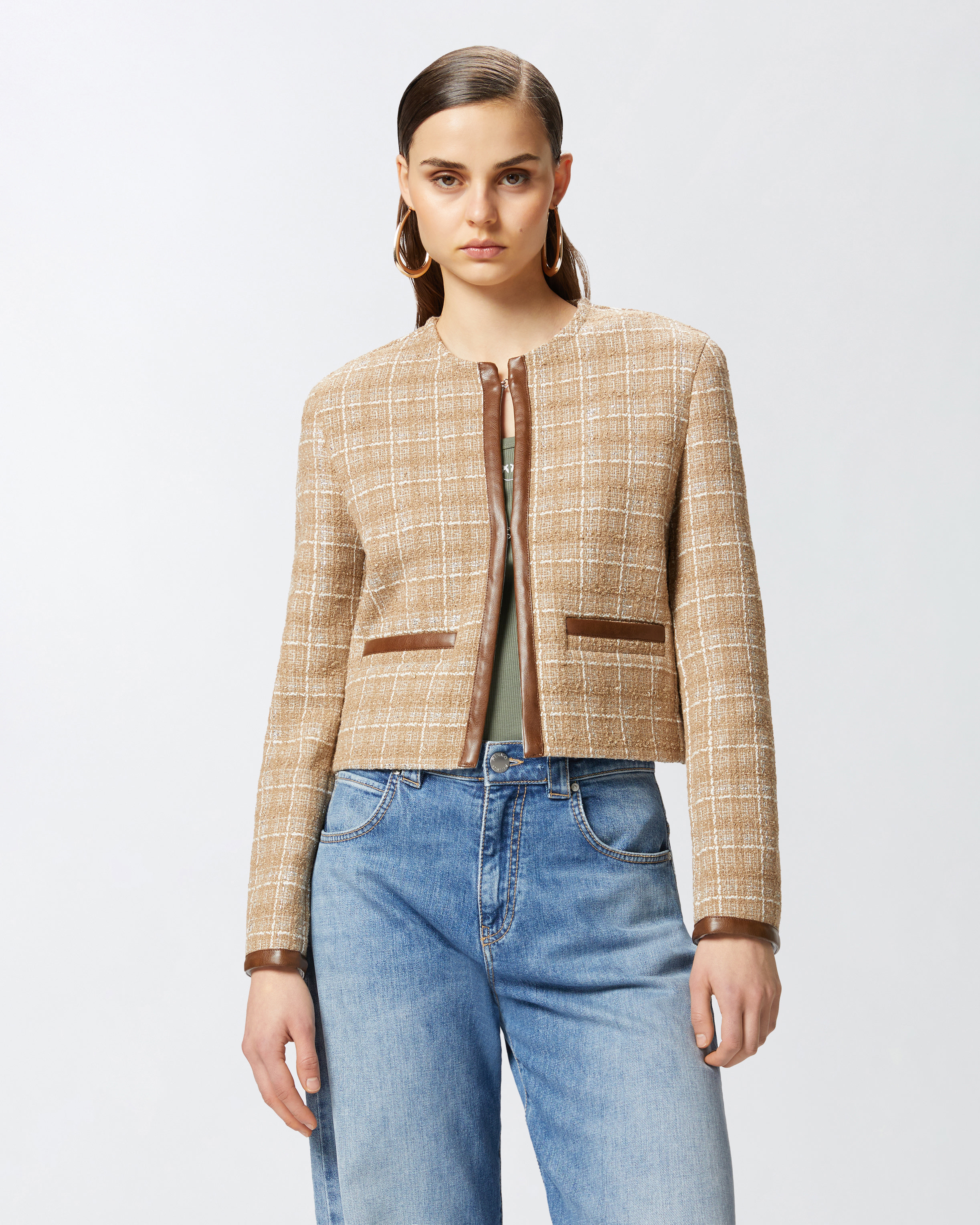 Pinko Small Open Jacket In Tweed And Imitation Leather In Beige/grigio/argento