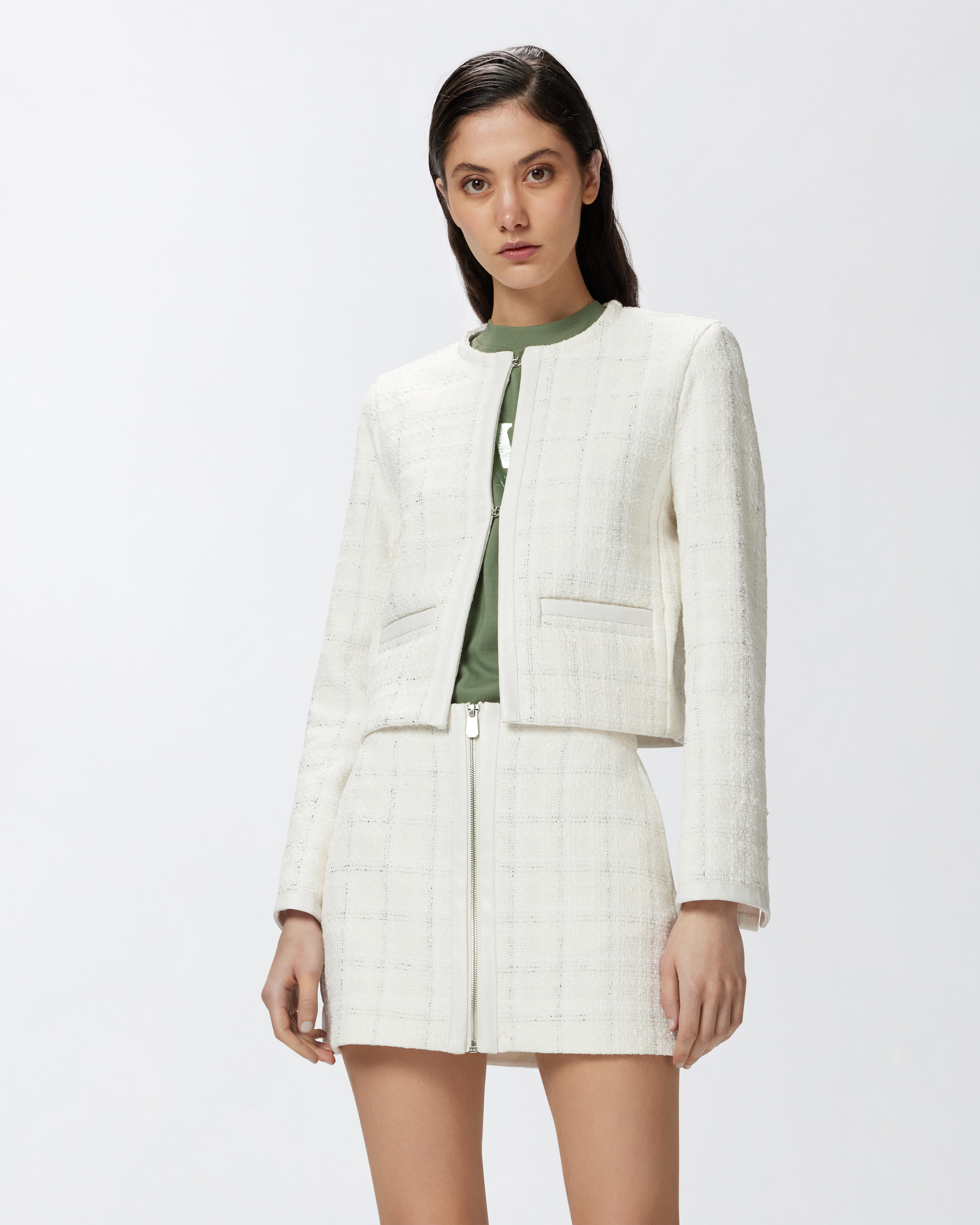 ジャケット PINKO CROPPED TWEED AND FAUX LEATHER JACKET 104834A2PF-ZI6-AA01